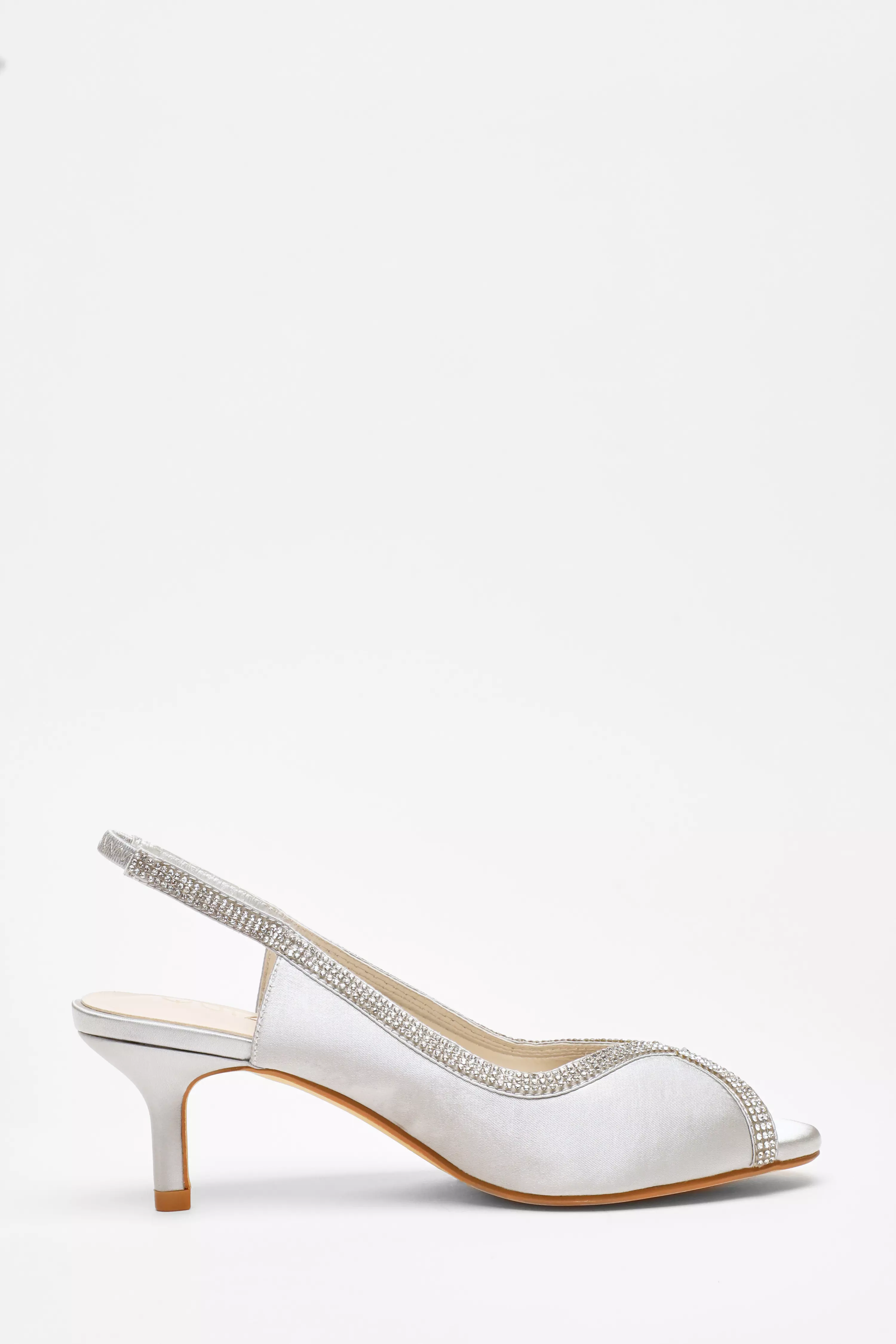 Silver Satin Diamante Low Heeled Slingback Heels