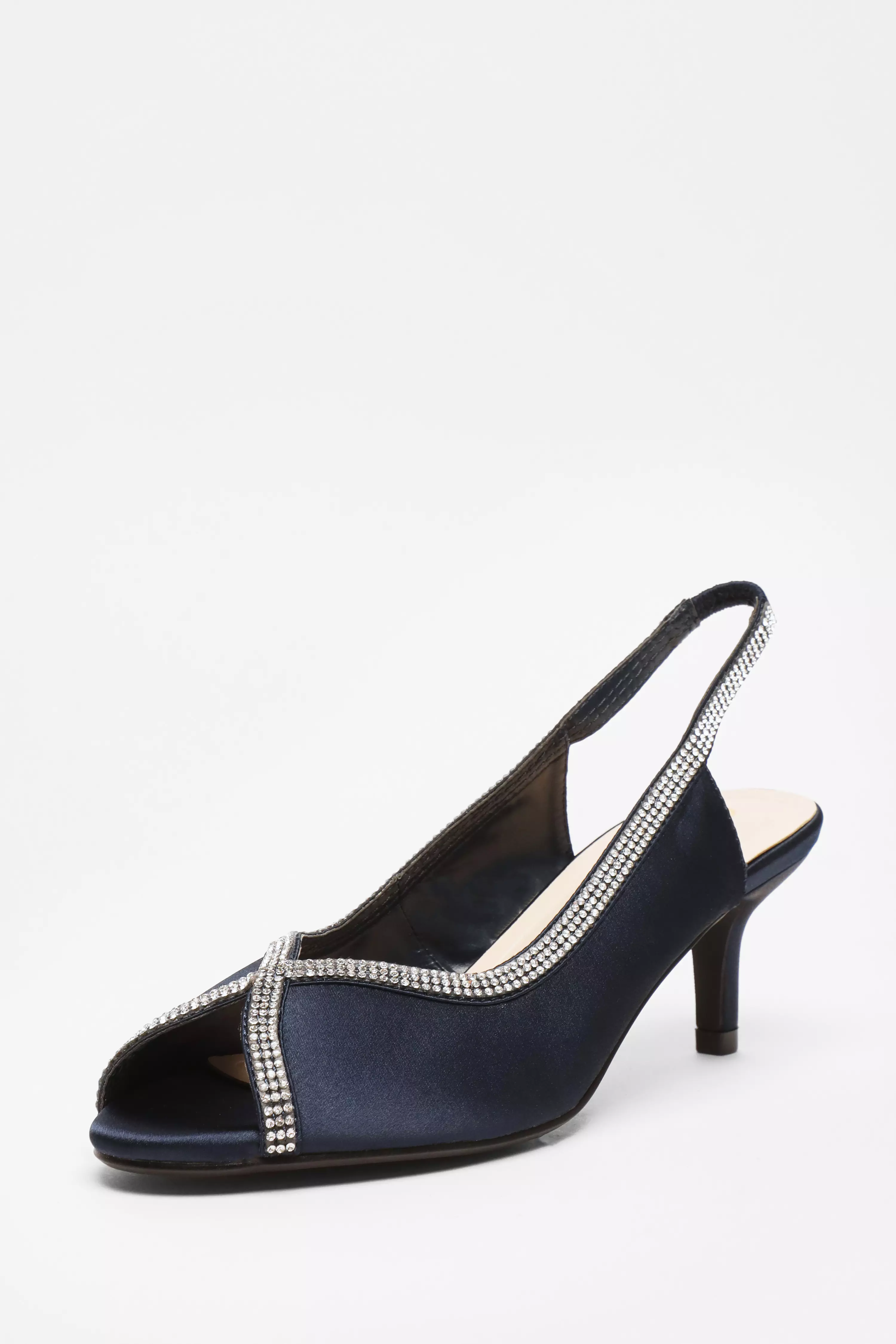 Navy Satin Diamante Low Heeled Slingback Heels