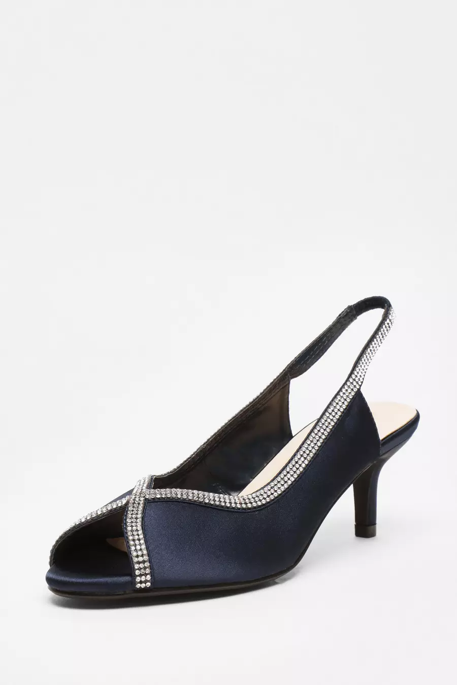 Navy Satin Diamante Low Heeled Slingback Heels QUIZ Clothing