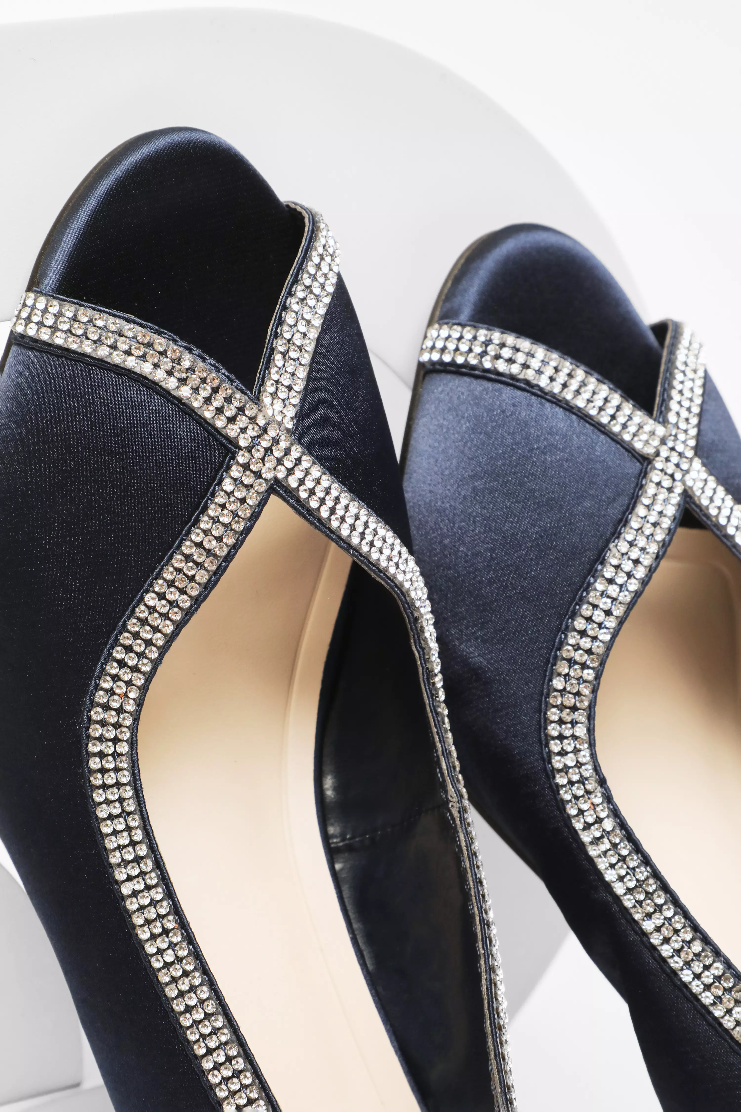 Navy Satin Diamante Low Heeled Slingback Heels