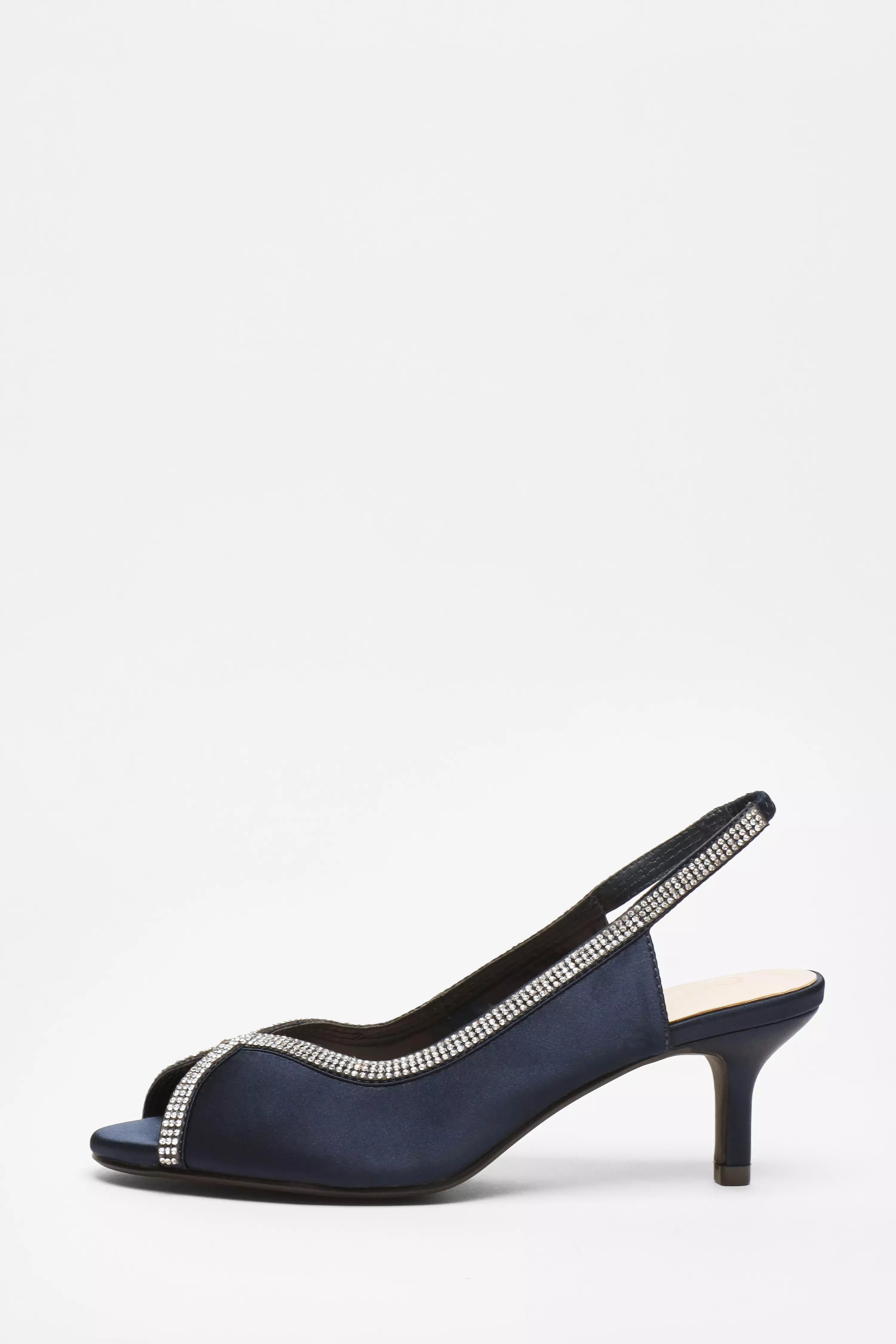 Navy Satin Diamante Low Heeled Slingback Heels