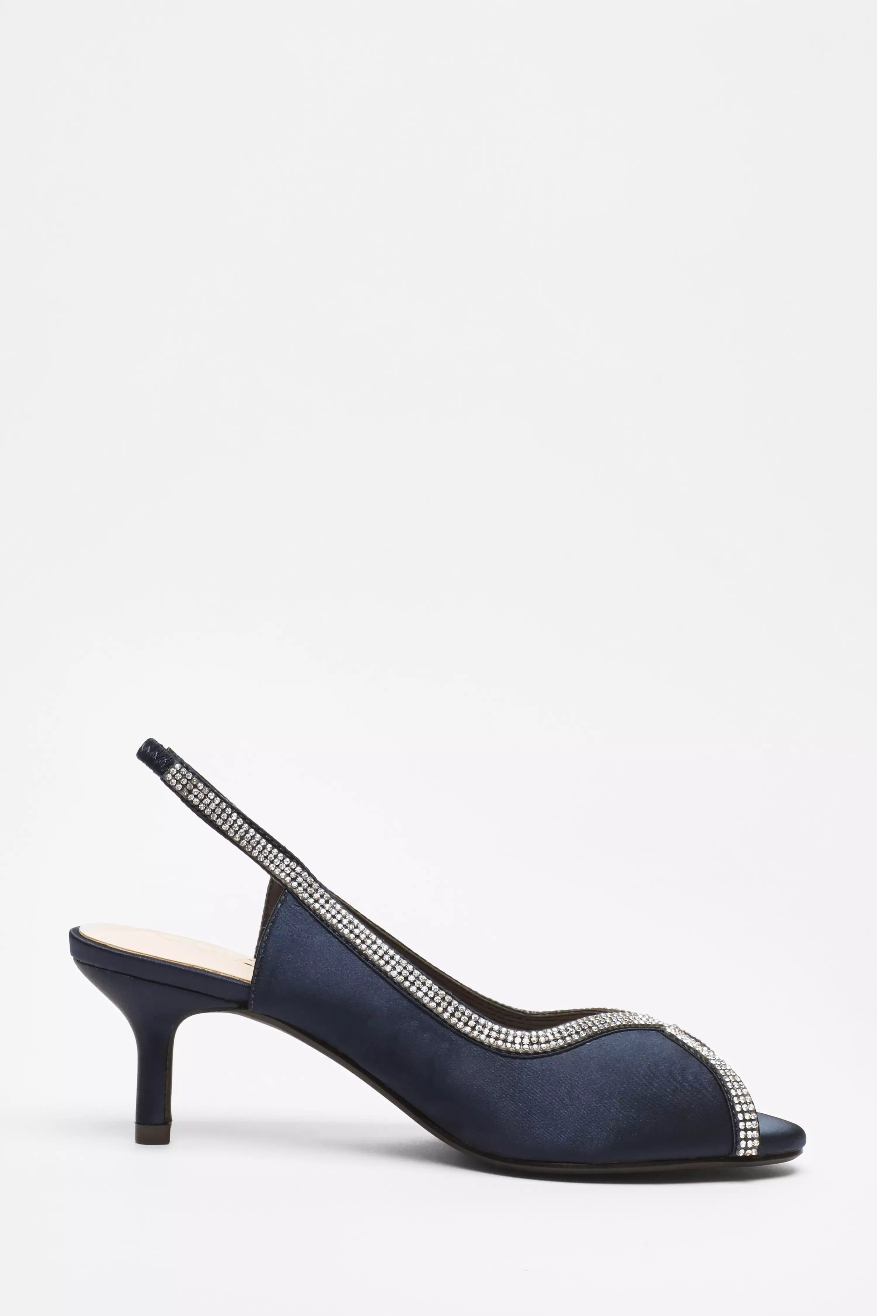 Navy Satin Diamante Low Heeled Slingback Heels