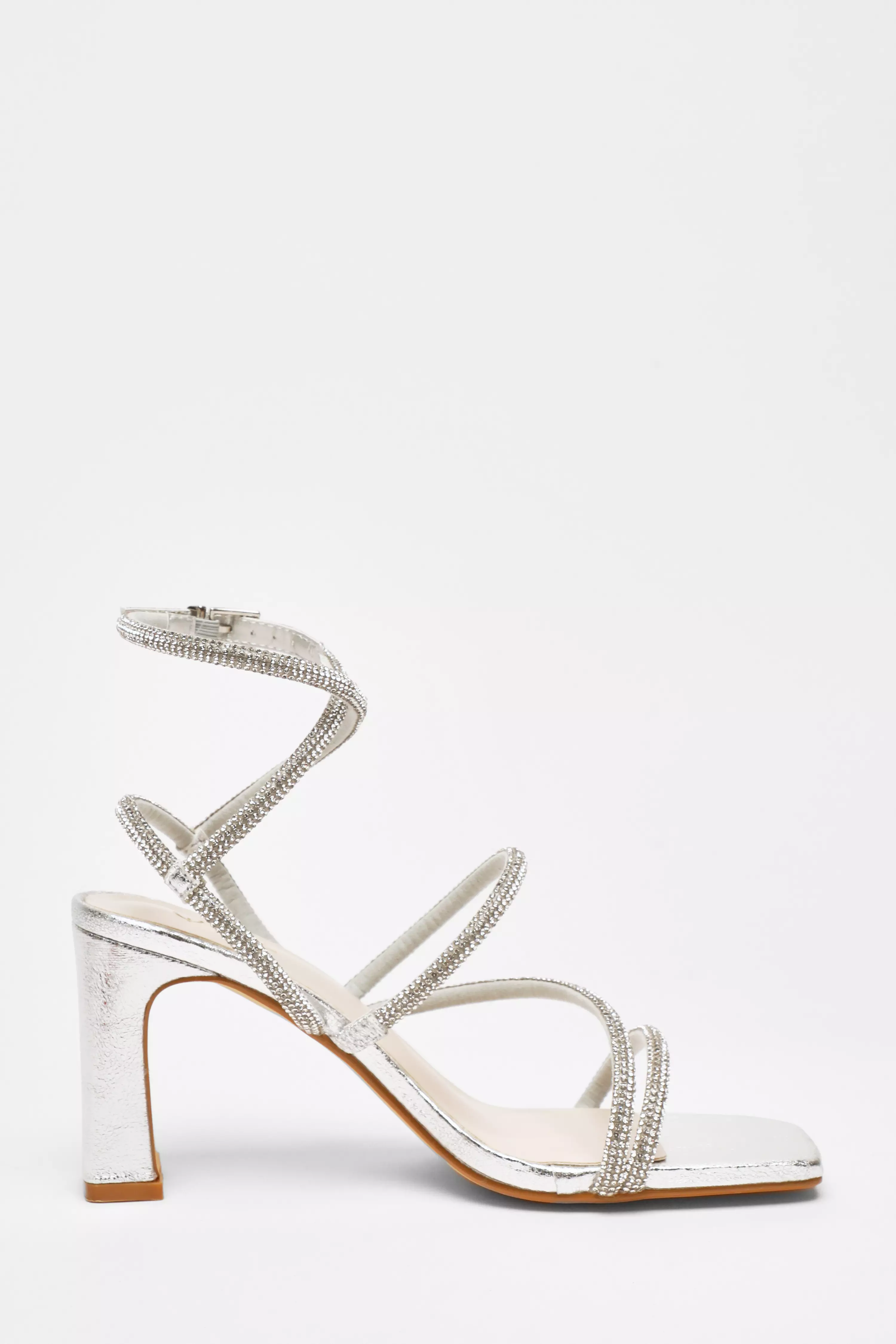 Silver Diamante Strappy Block Heeled Sandals