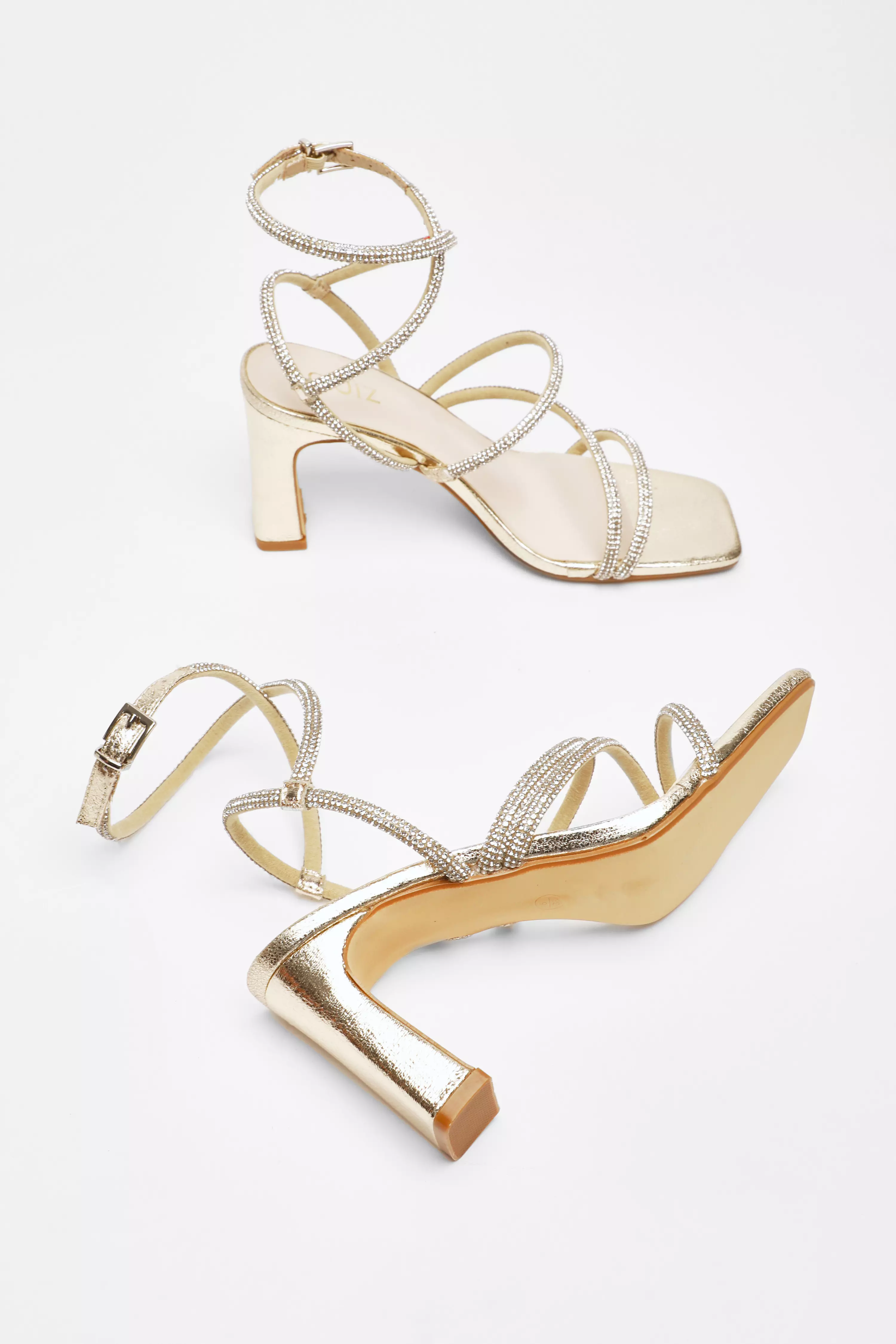 Gold Diamante Strappy Block Heeled Sandals