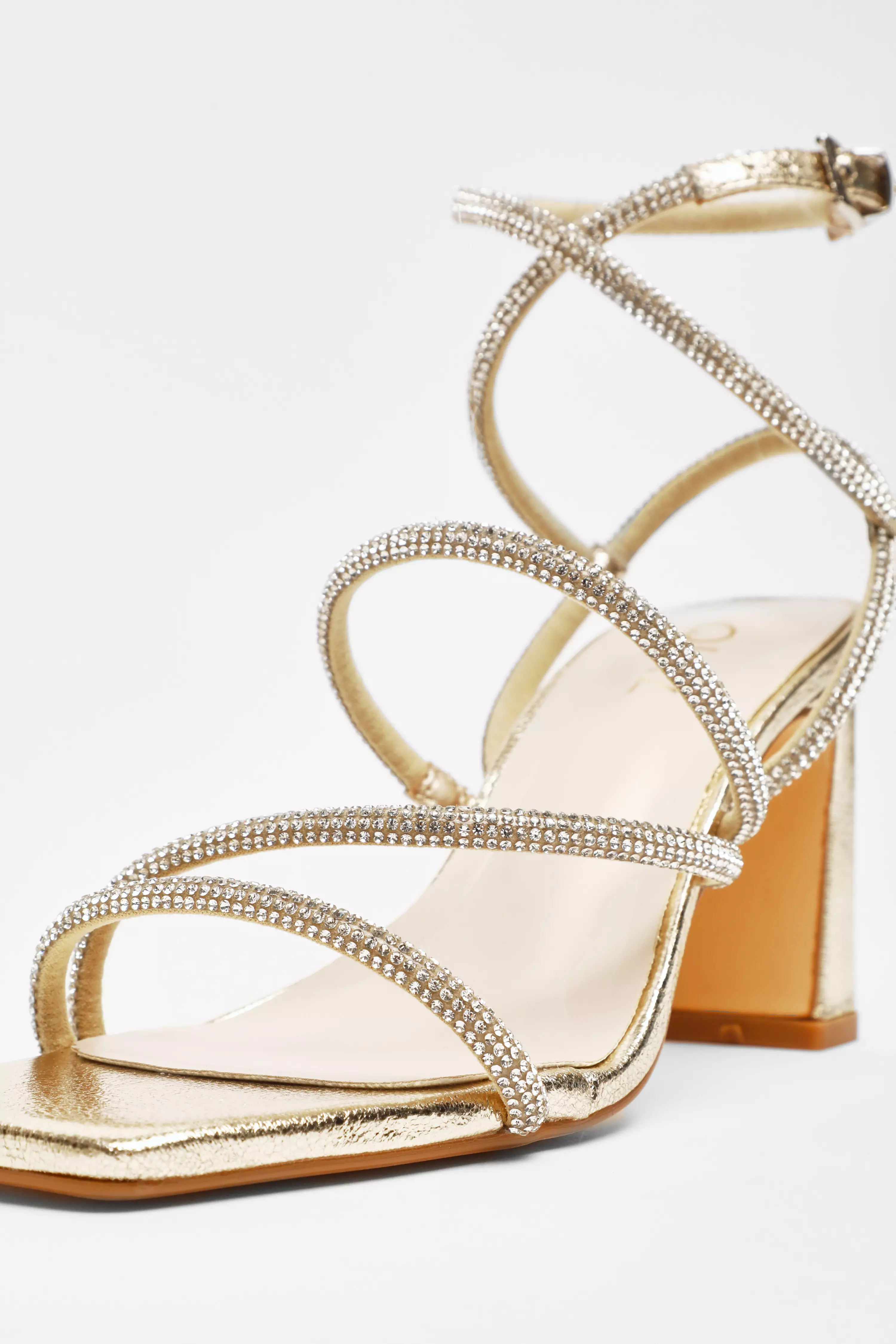 Gold Diamante Strappy Block Heeled Sandals