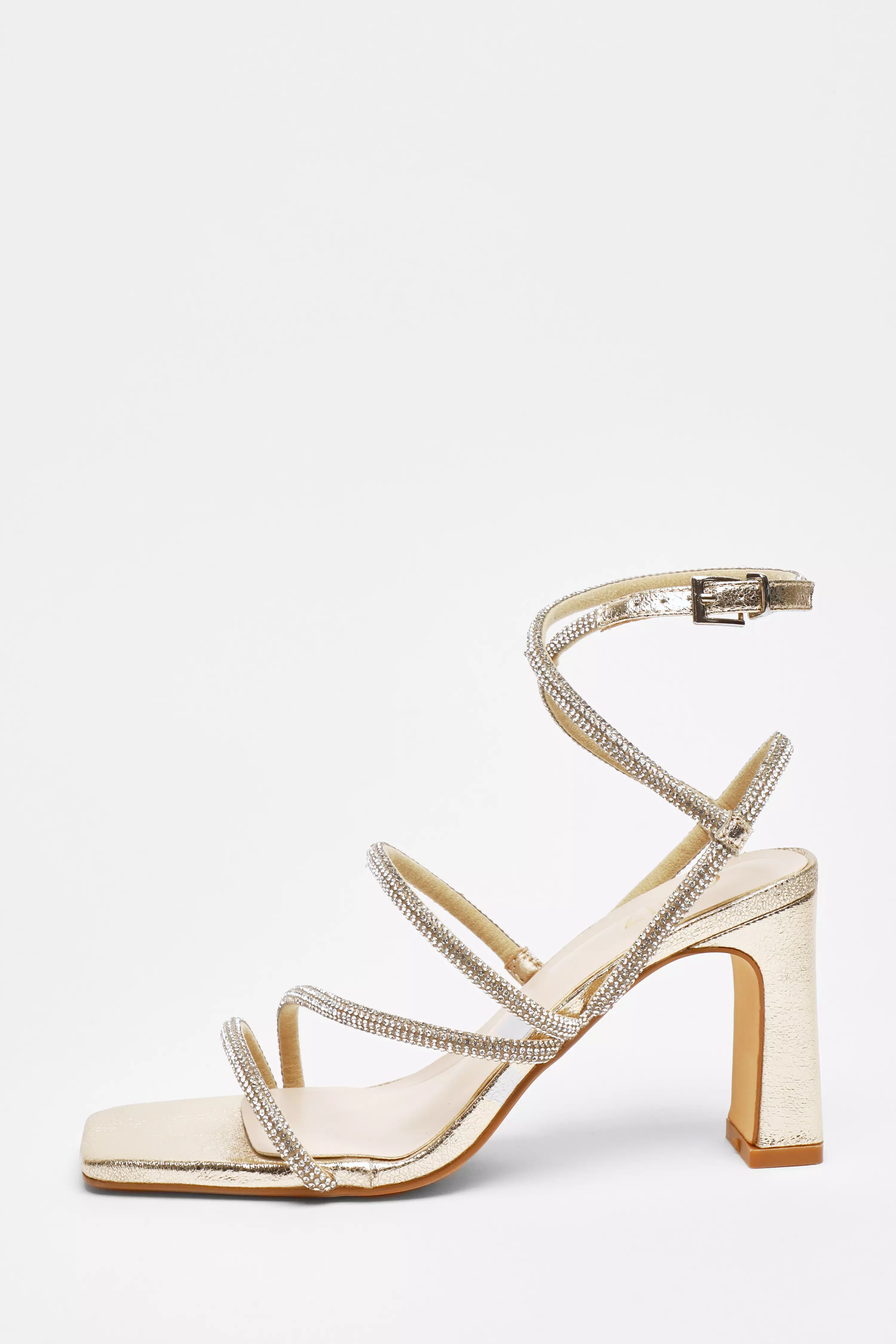 Gold Diamante Strappy Block Heeled Sandals