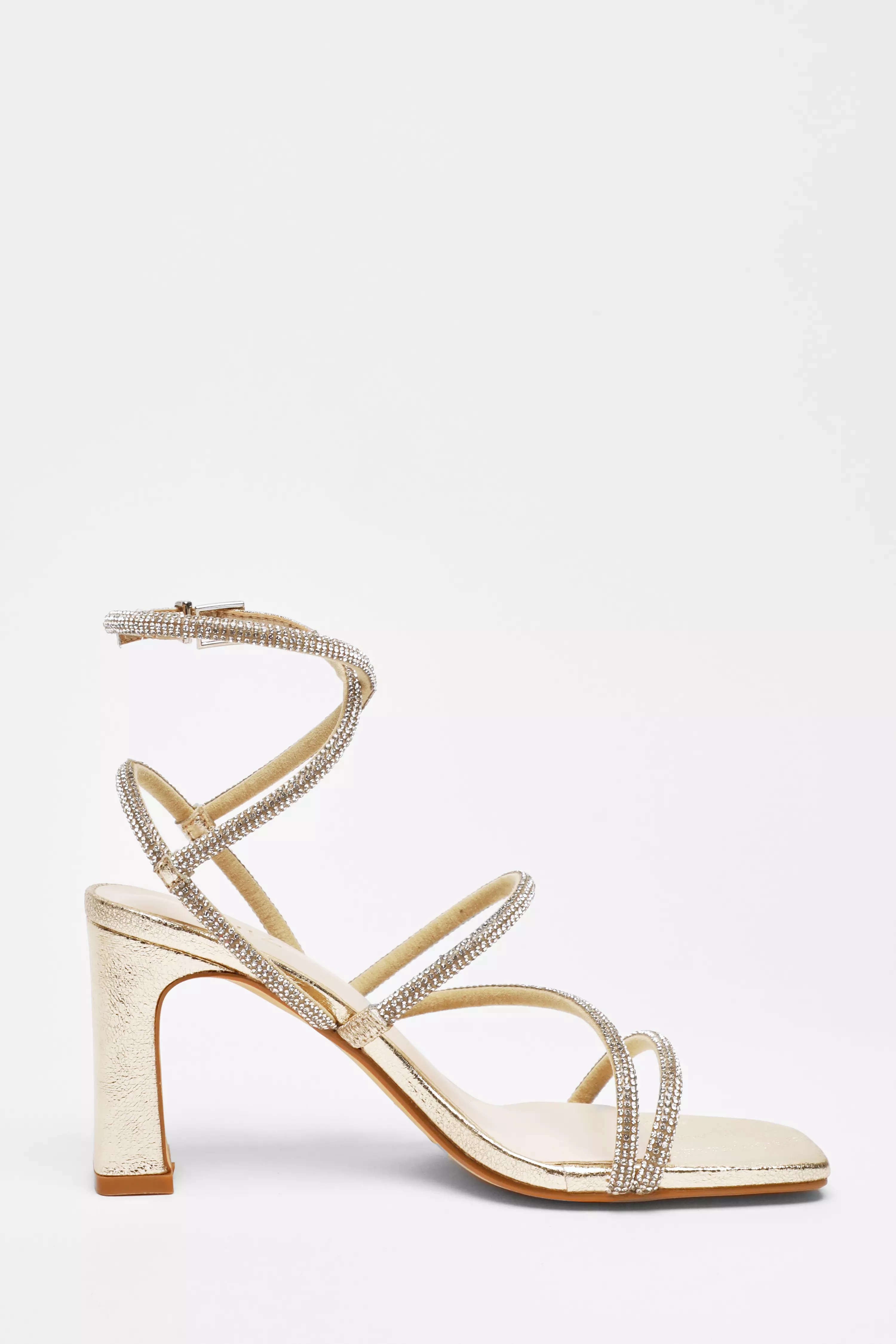 Gold Diamante Strappy Block Heeled Sandals