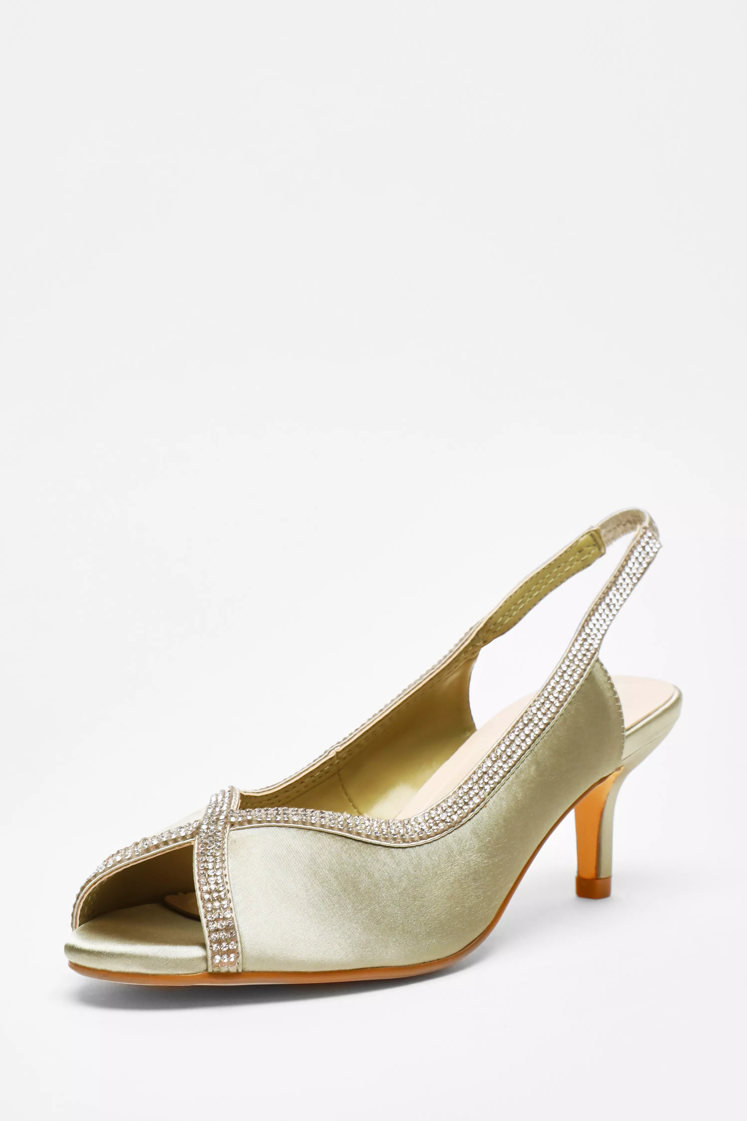 Sage Satin Diamante Low Heeled Slingback Heels