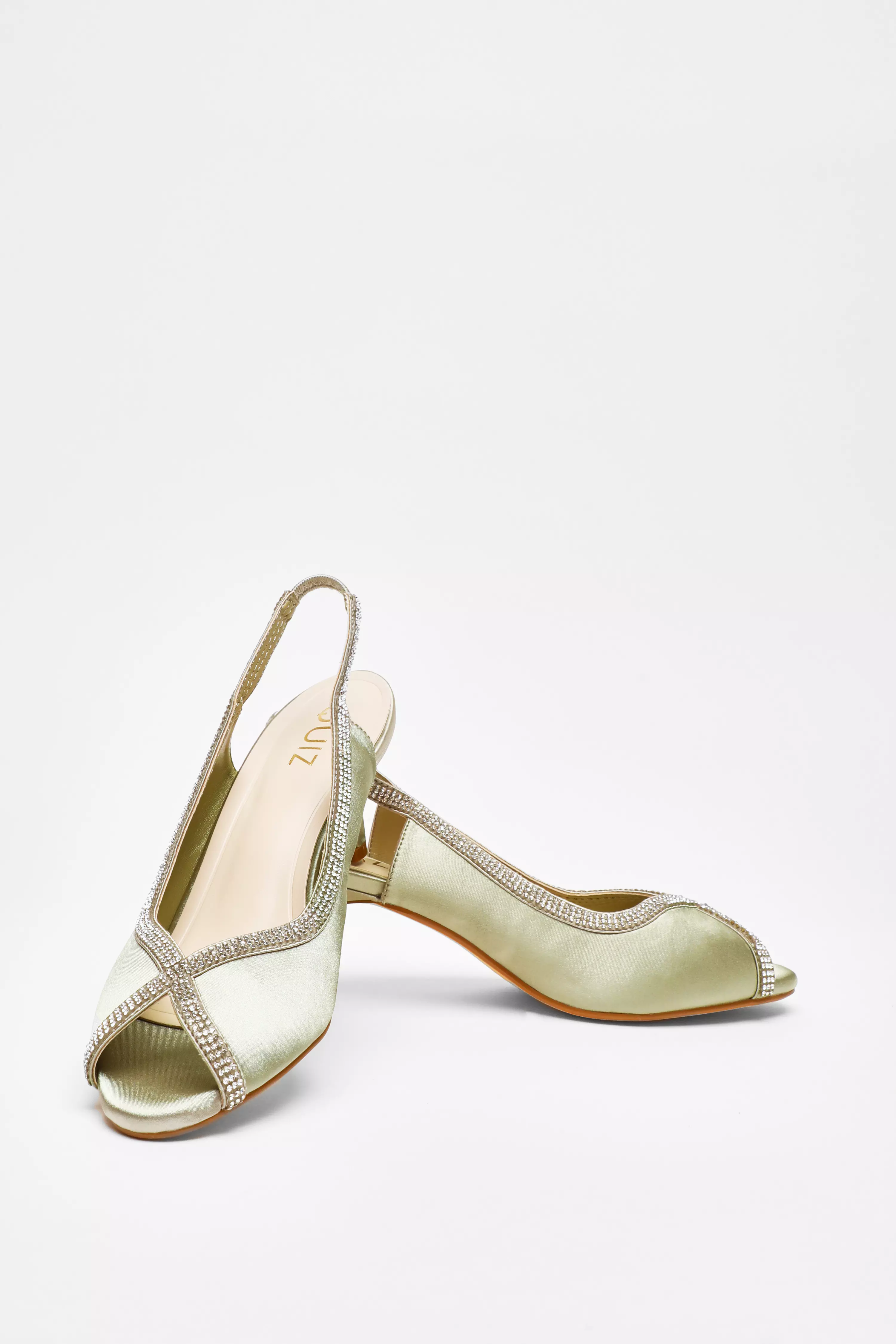 Sage Satin Diamante Low Heeled Slingback Heels