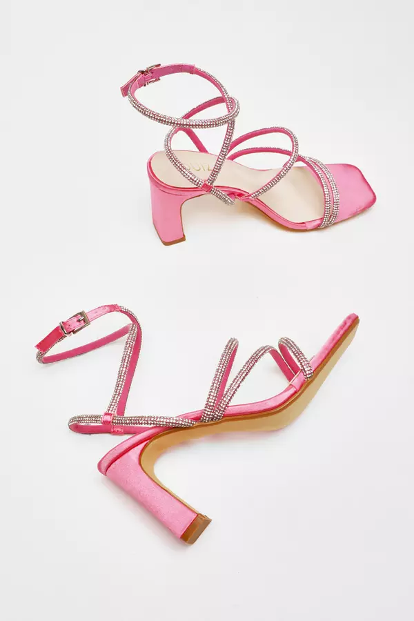 Pink Diamante Strappy Block Heeled Sandals