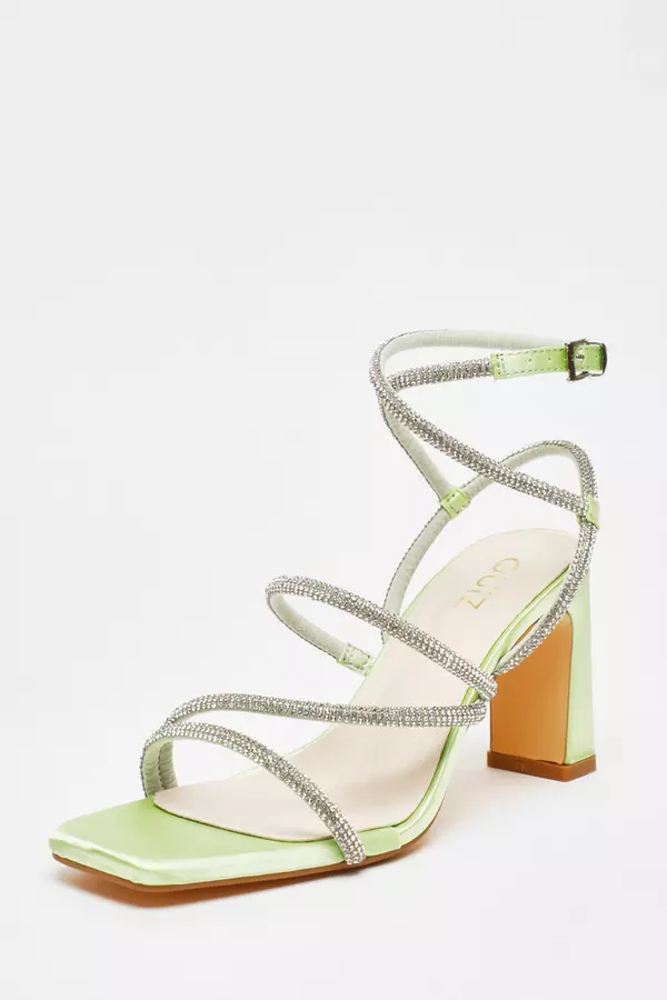 Green Diamante Strappy Block Heeled Sandals