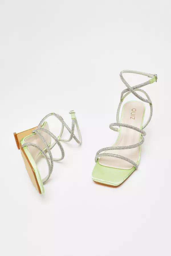 Green Diamante Strappy Block Heeled Sandals