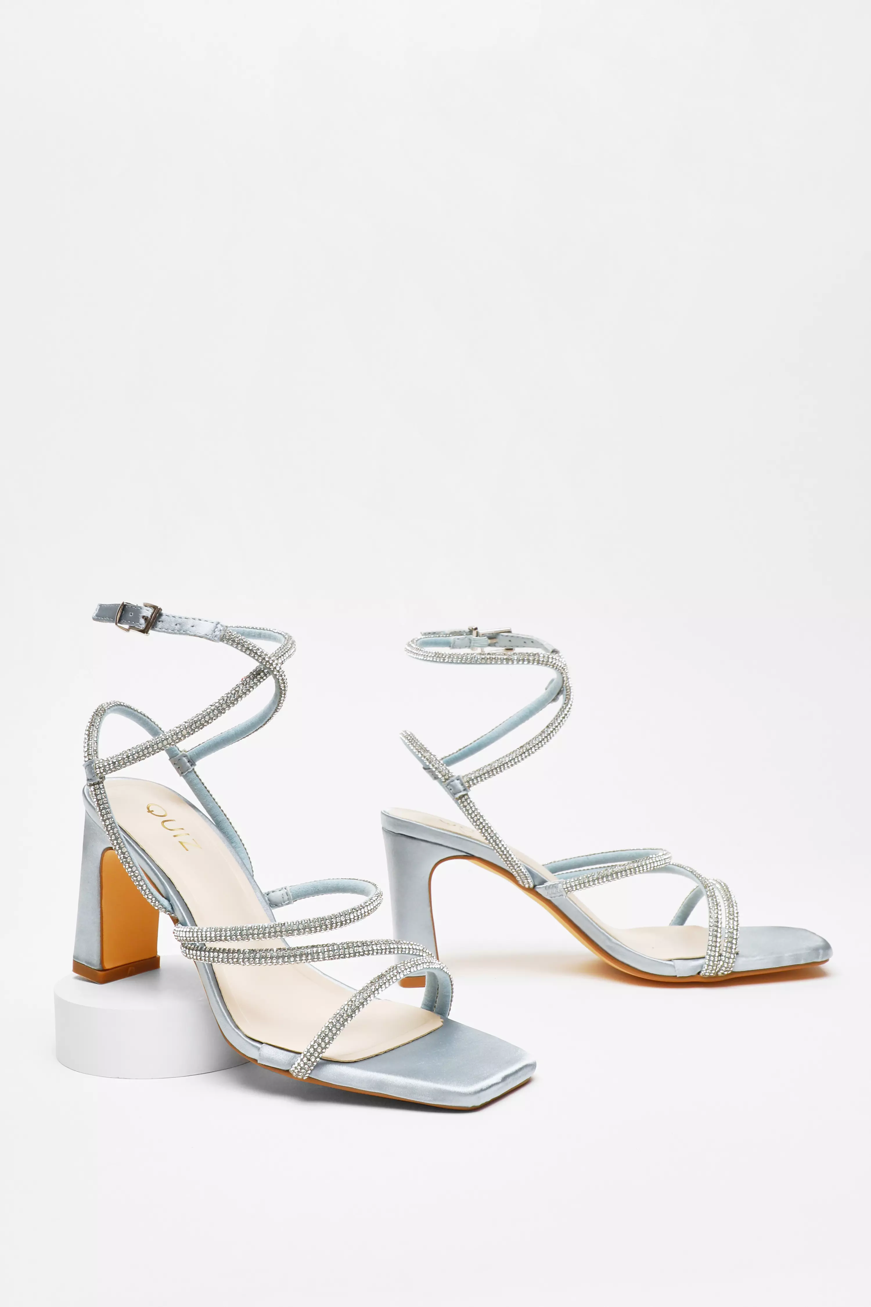 Blue Diamante Strappy Block Heeled Sandals