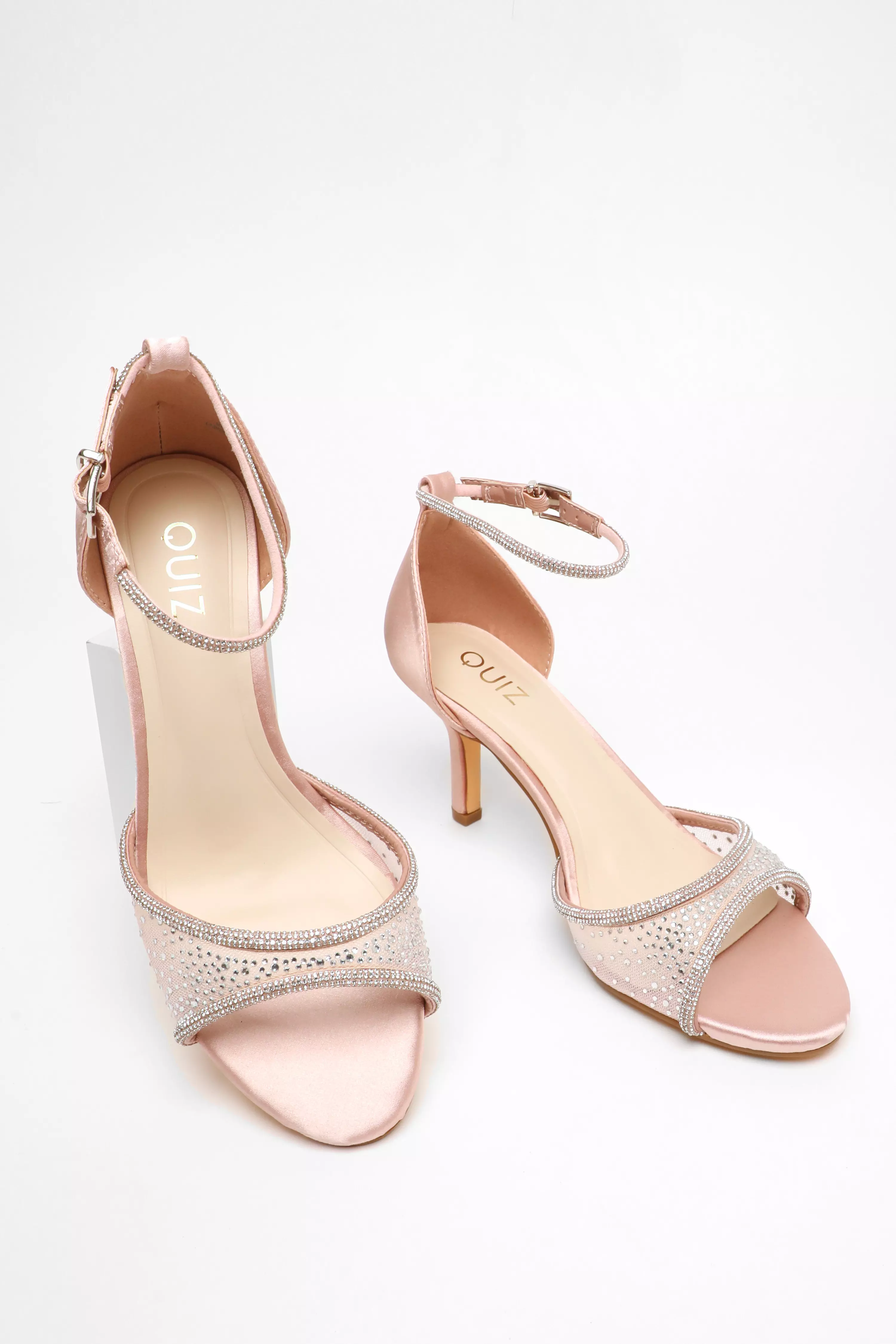 Pink Satin Mesh Diamante Heeled Sandal