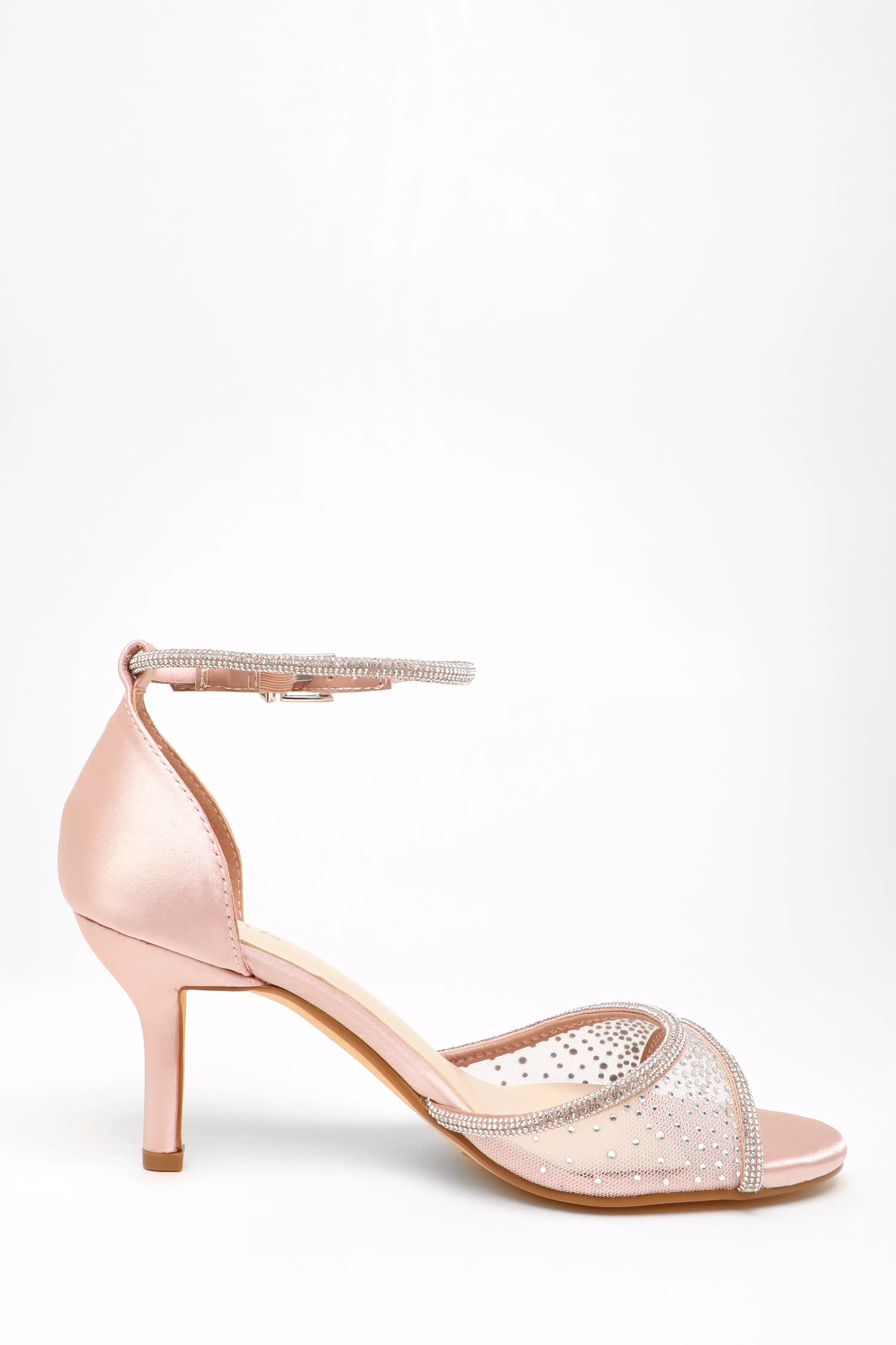 Pink Satin Mesh Diamante Heeled Sandal