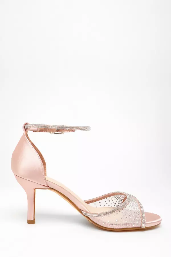 Pink Satin Mesh Diamante Heeled Sandal