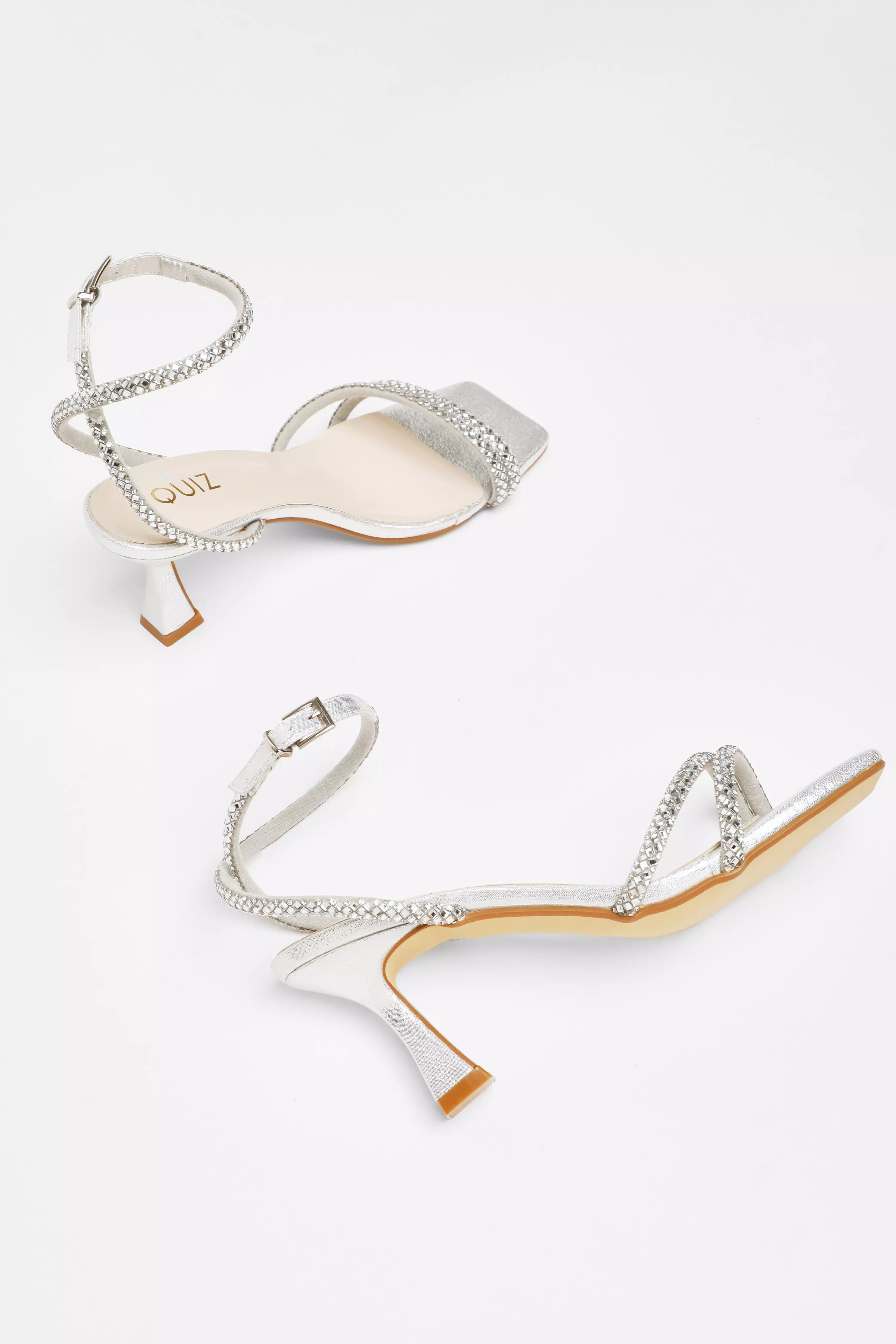 Silver Diamante Asymmetric Heeled Sandals