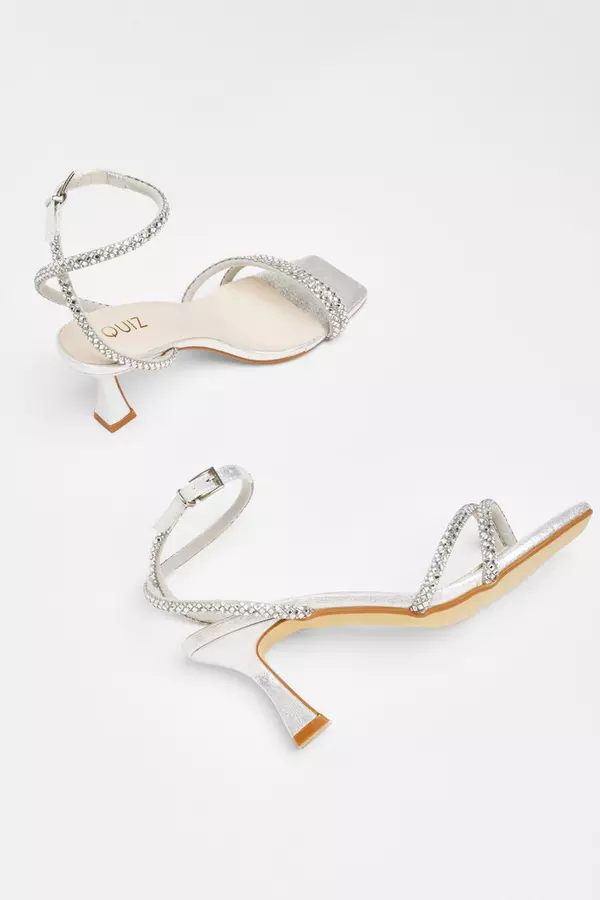 Silver Diamante Asymmetric Heeled Sandals