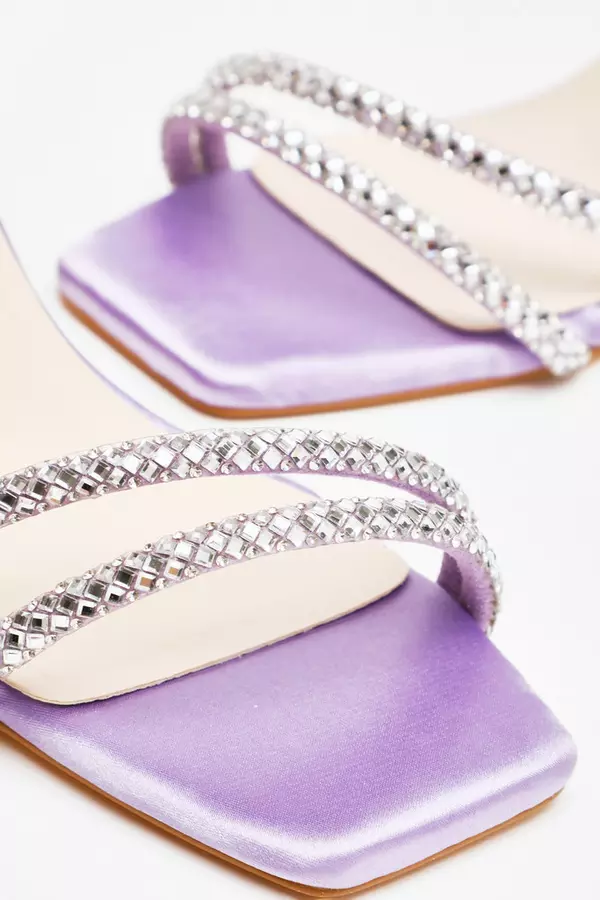 Purple Diamante Strappy Block Heeled Sandals