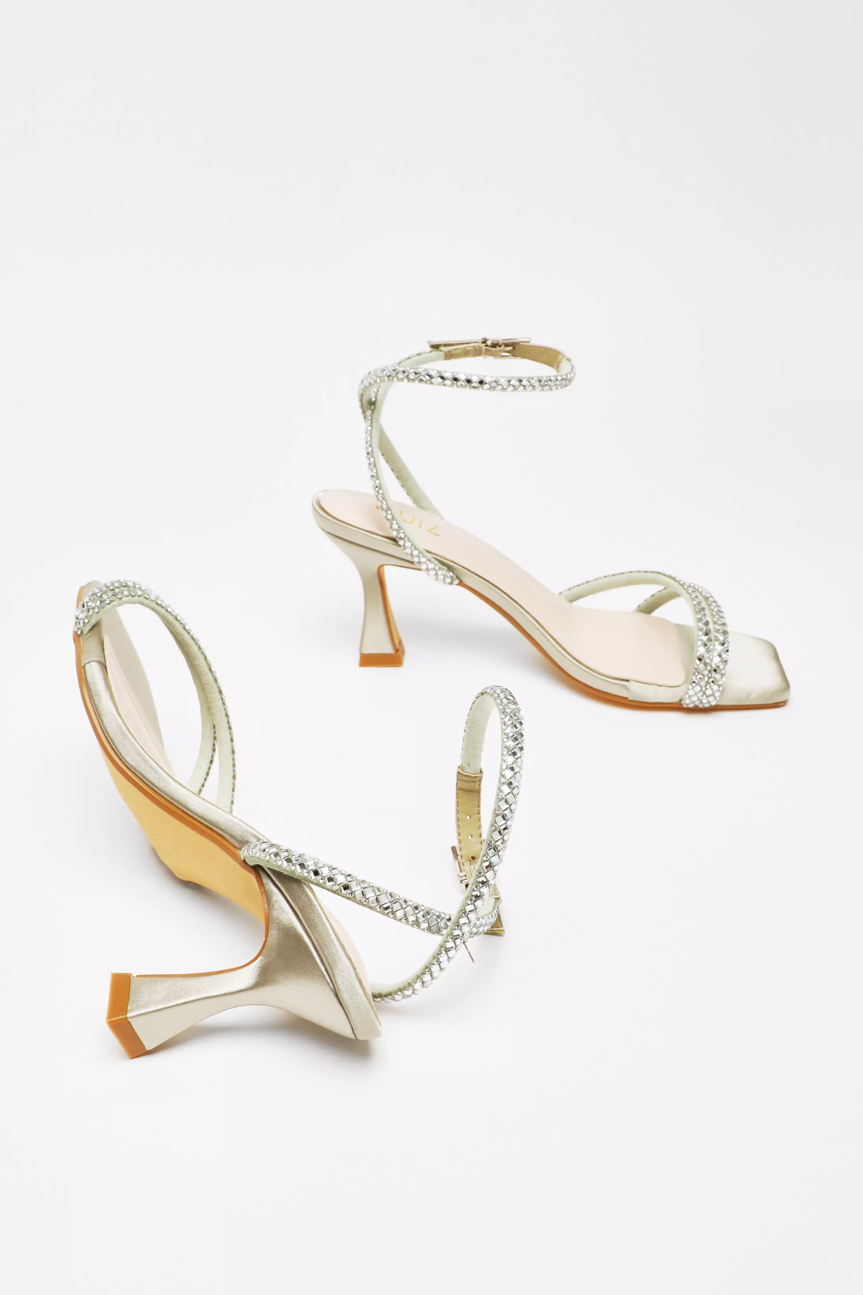 Sage Diamante Asymmetric Heeled Sandals