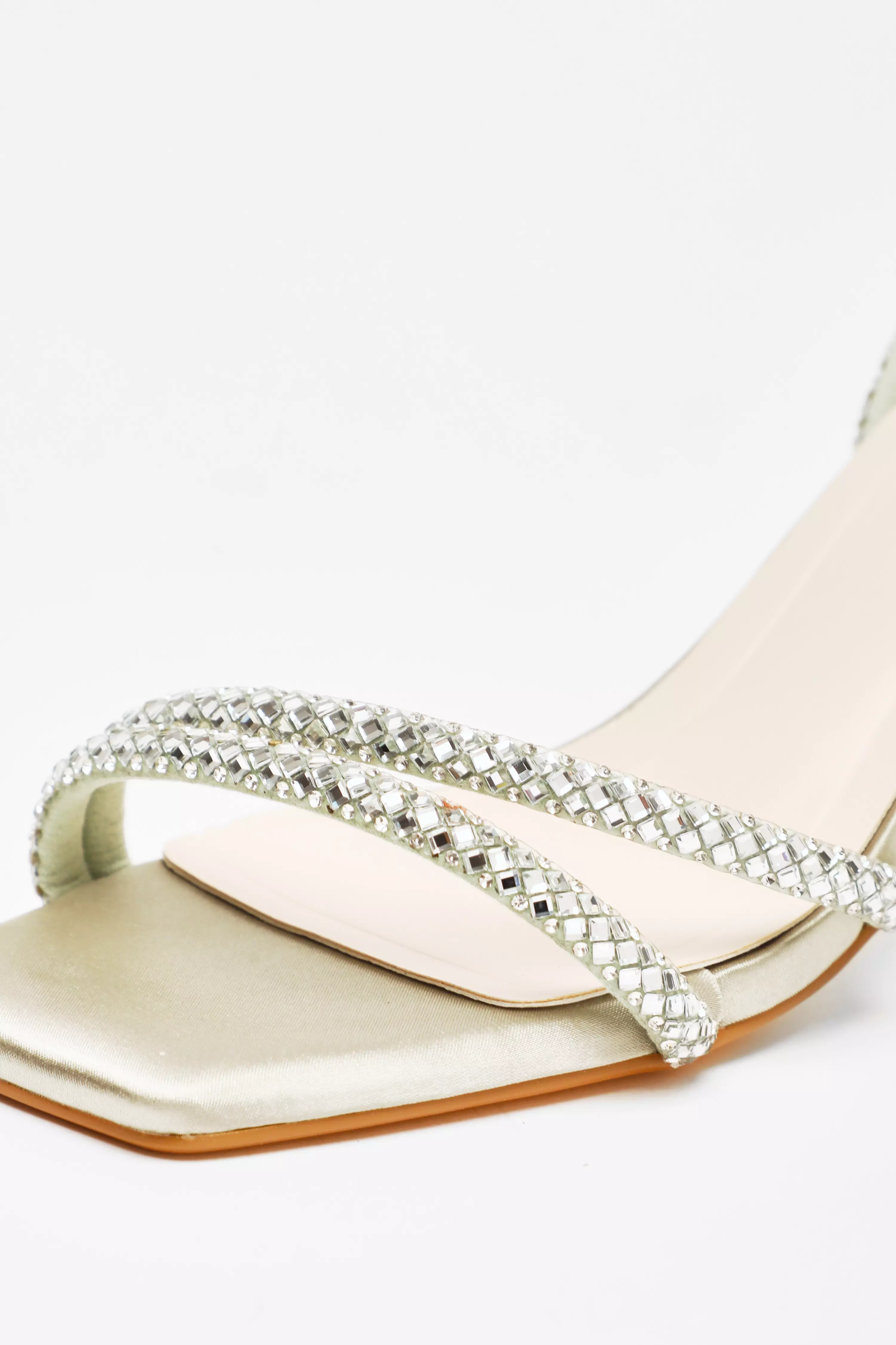 Sage Diamante Asymmetric Heeled Sandals
