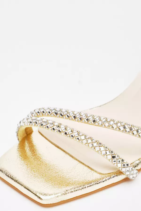 Gold Diamante Asymmetric Heeled Sandals