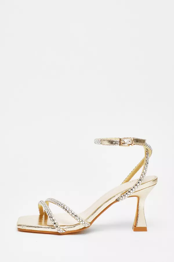 Gold Diamante Asymmetric Heeled Sandals