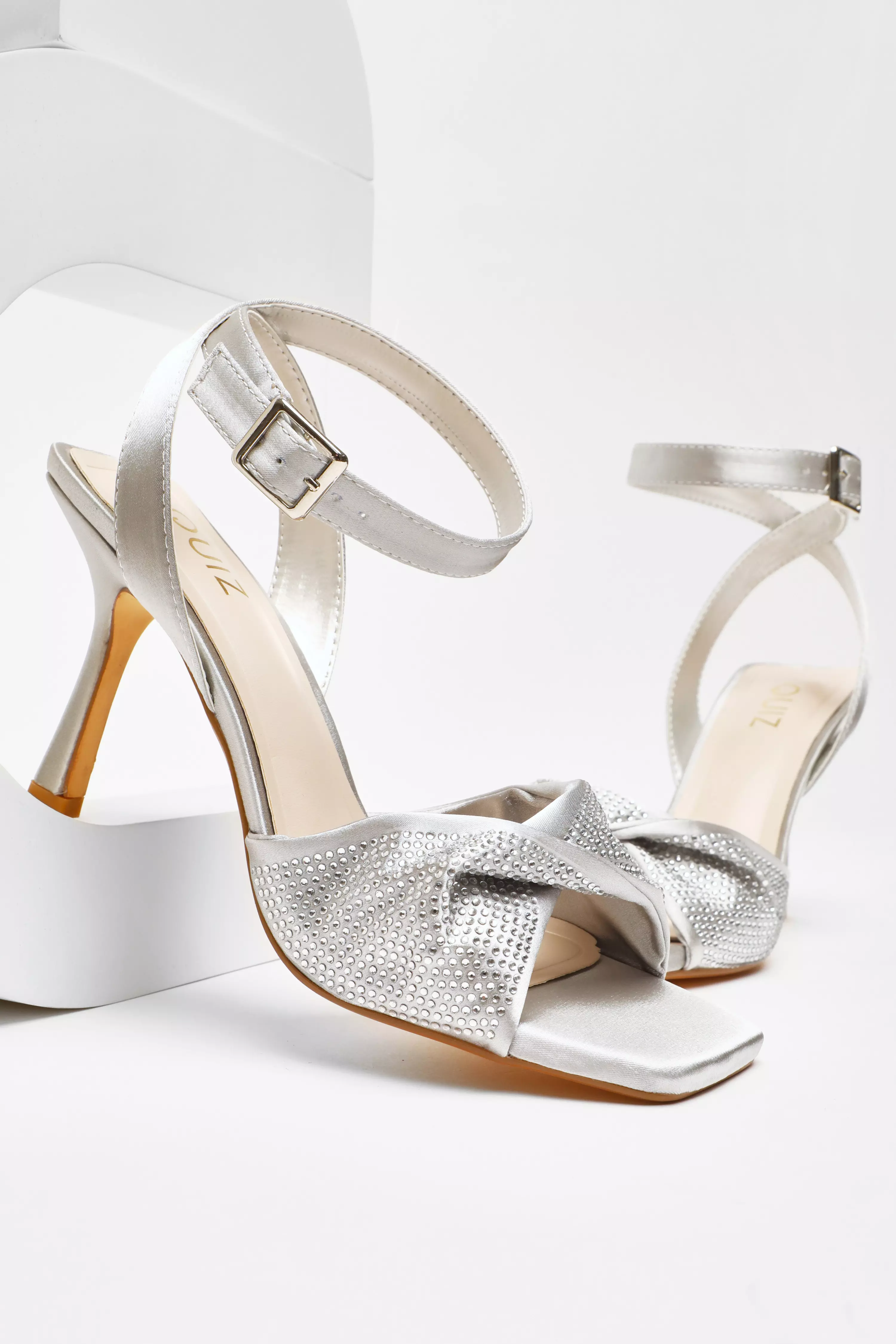 Silver Diamante Strappy Block Heeled Sandals