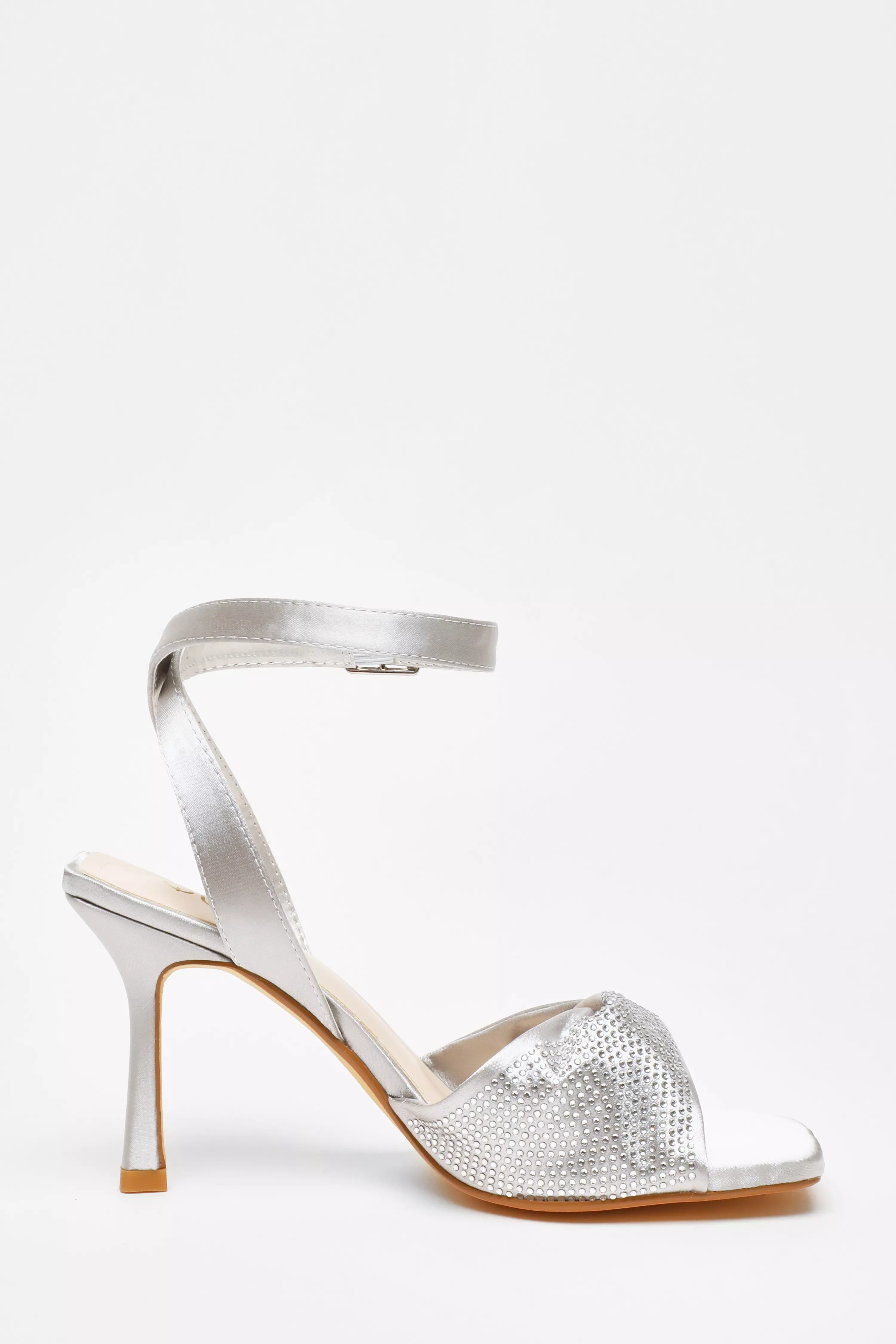 Silver Diamante Strappy Block Heeled Sandals