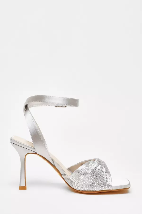 Silver Diamante Strappy Block Heeled Sandals