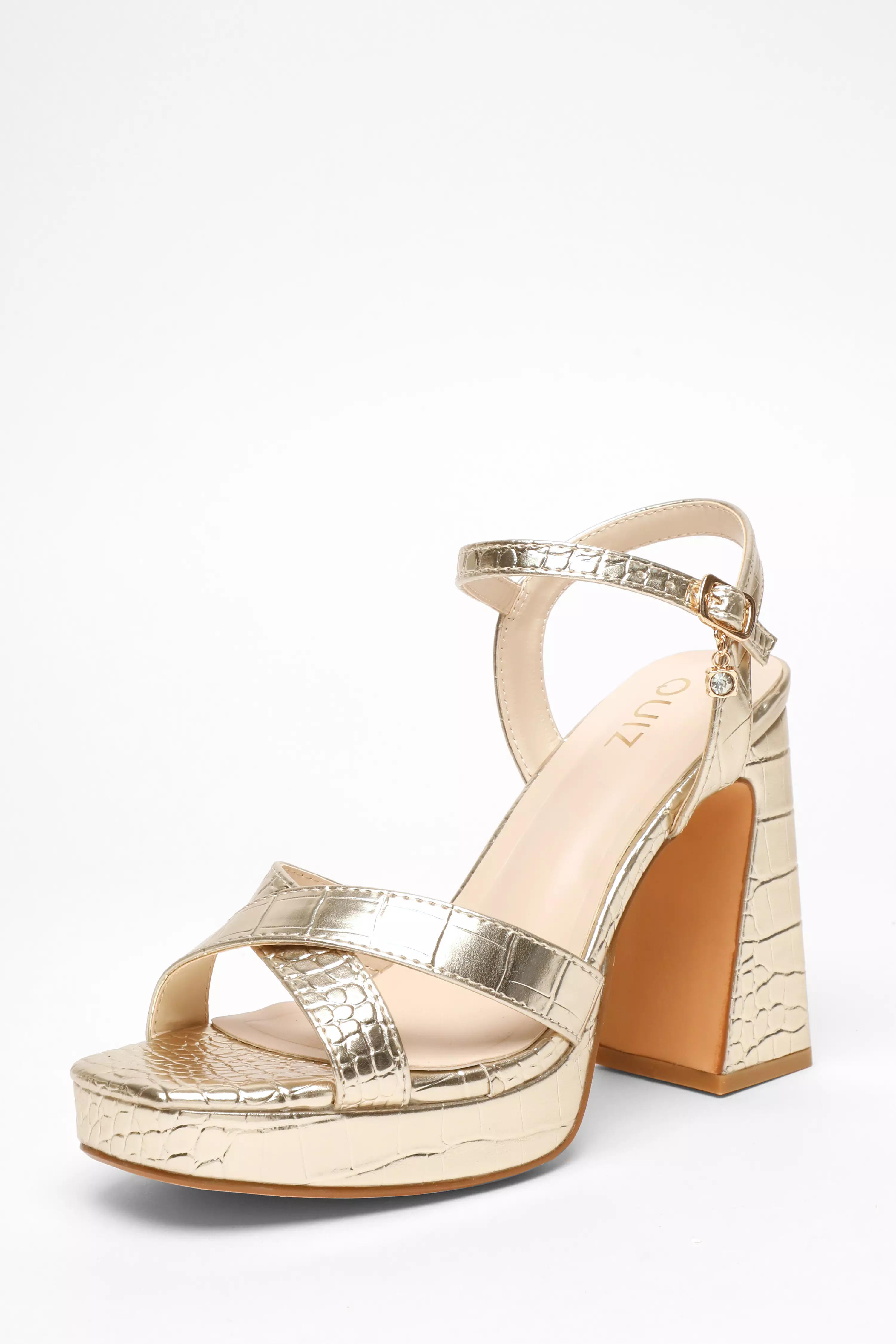 Gold Crocodile Cross Strap Platform Heeled Sandal