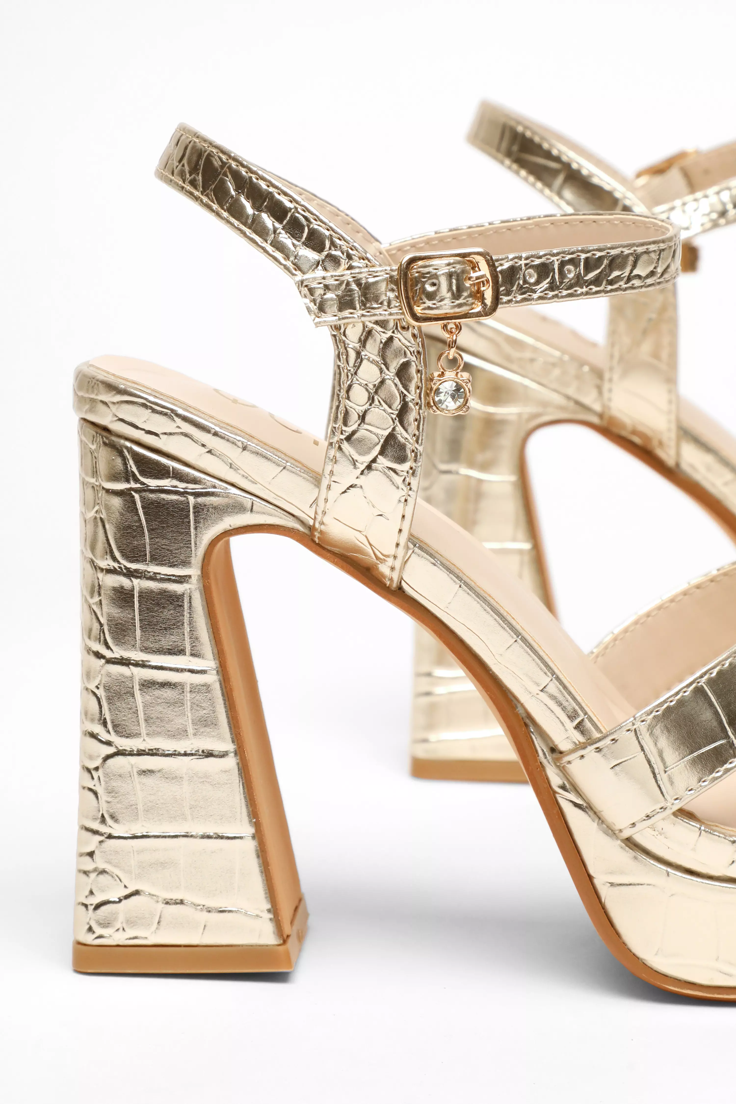 Gold Crocodile Cross Strap Platform Heeled Sandal