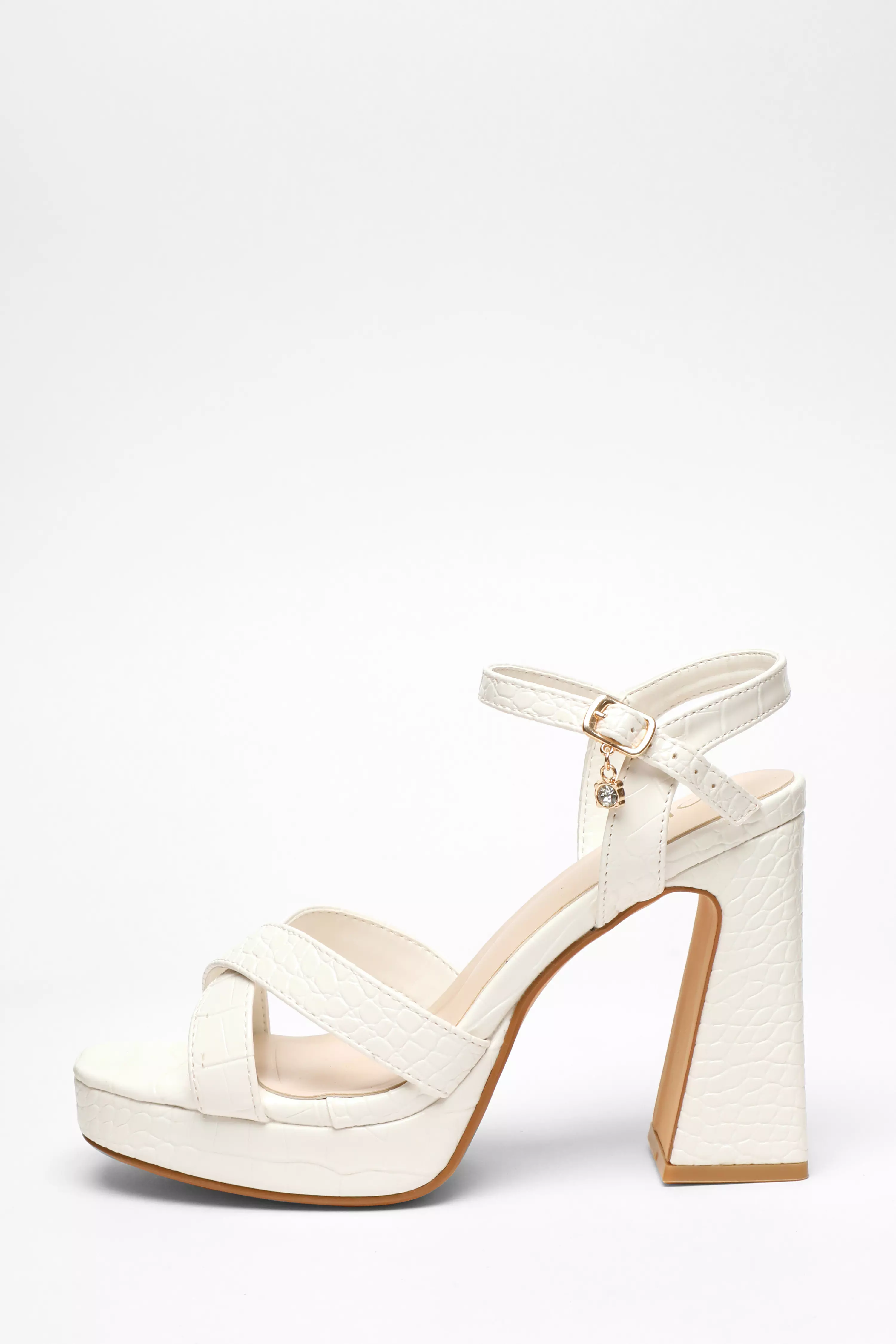 White Crocodile Cross Strap Platform Heeled Sandal