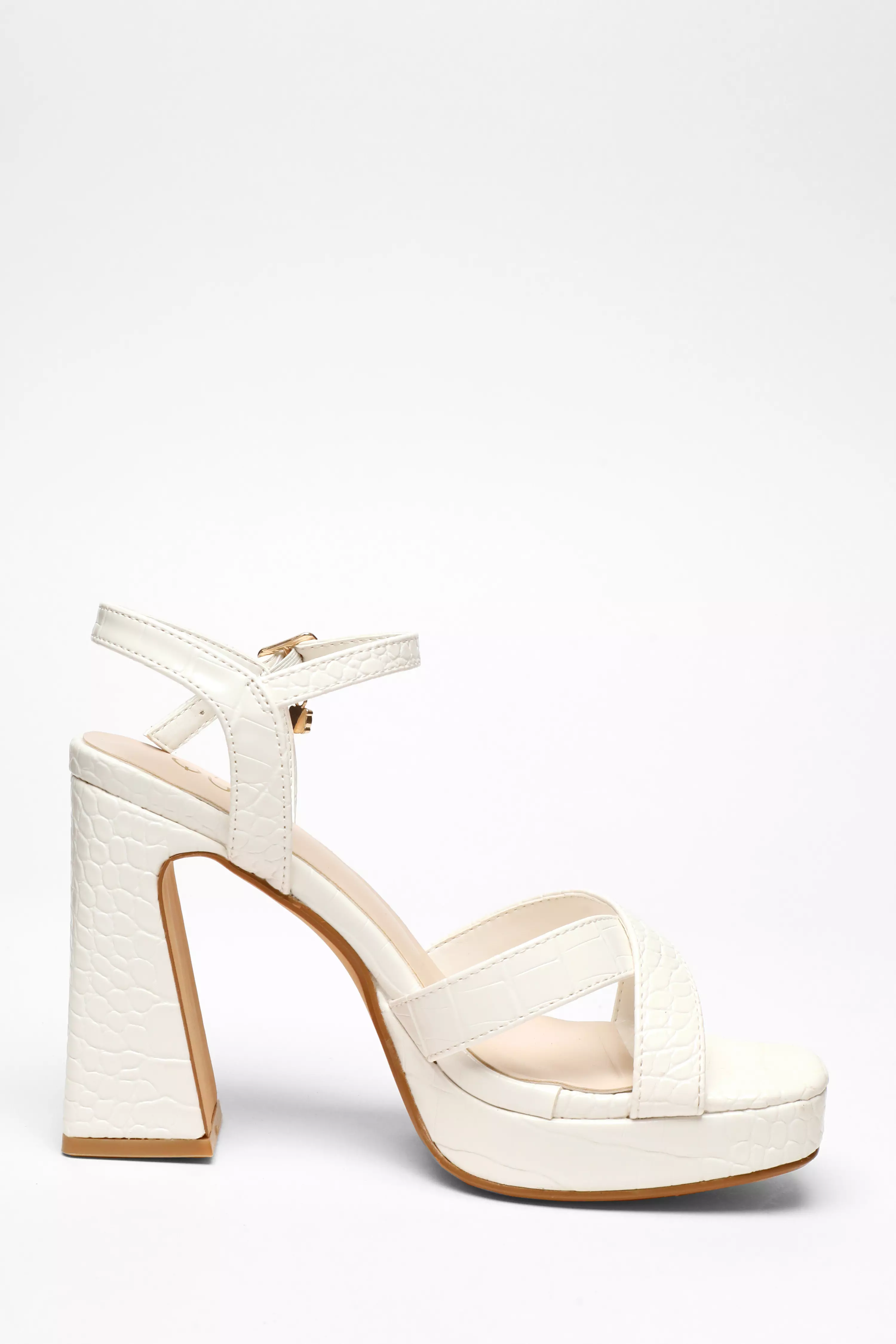 White Crocodile Cross Strap Platform Heeled Sandal