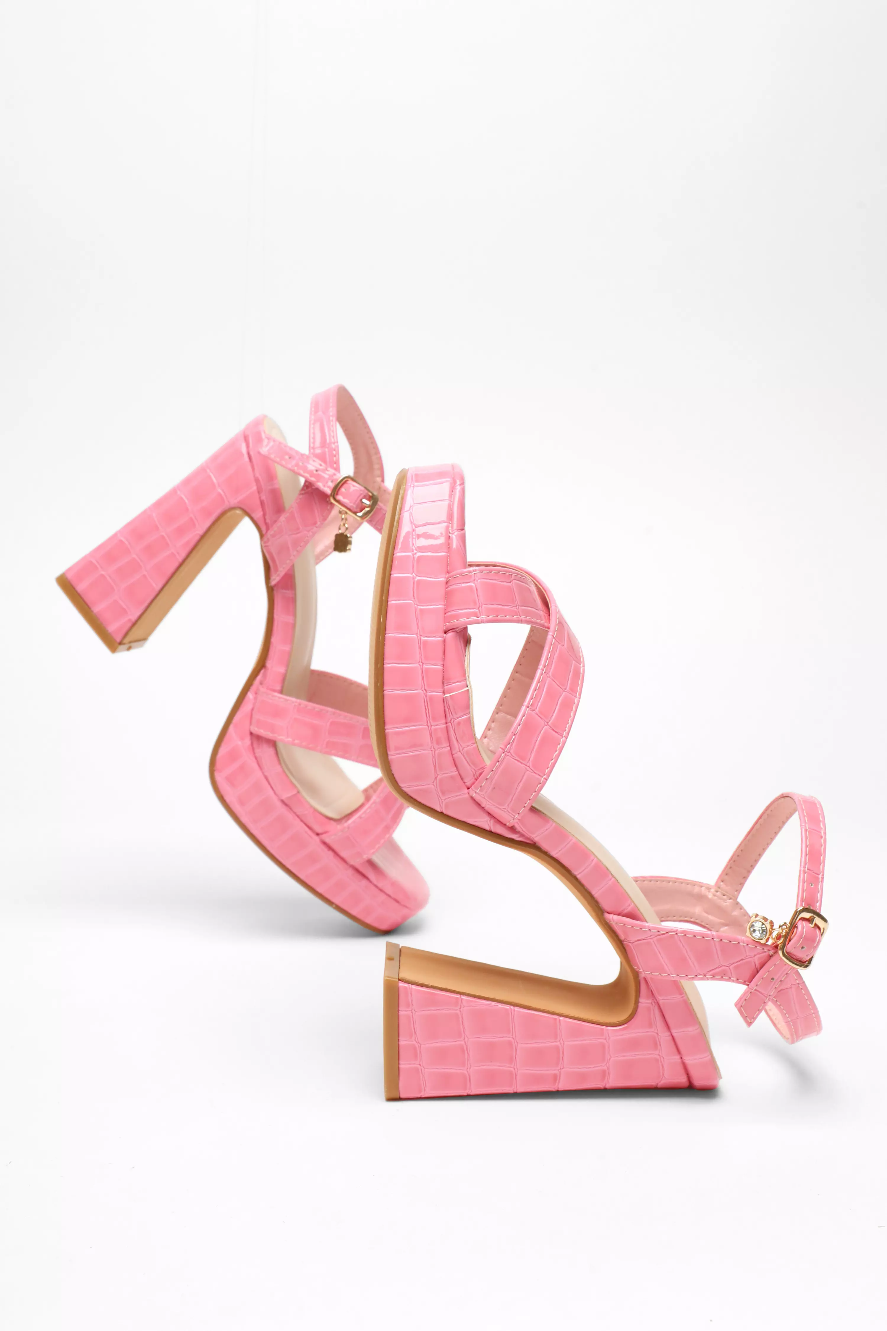 Pink Crocodile Cross Strap Platform Heeled Sandal