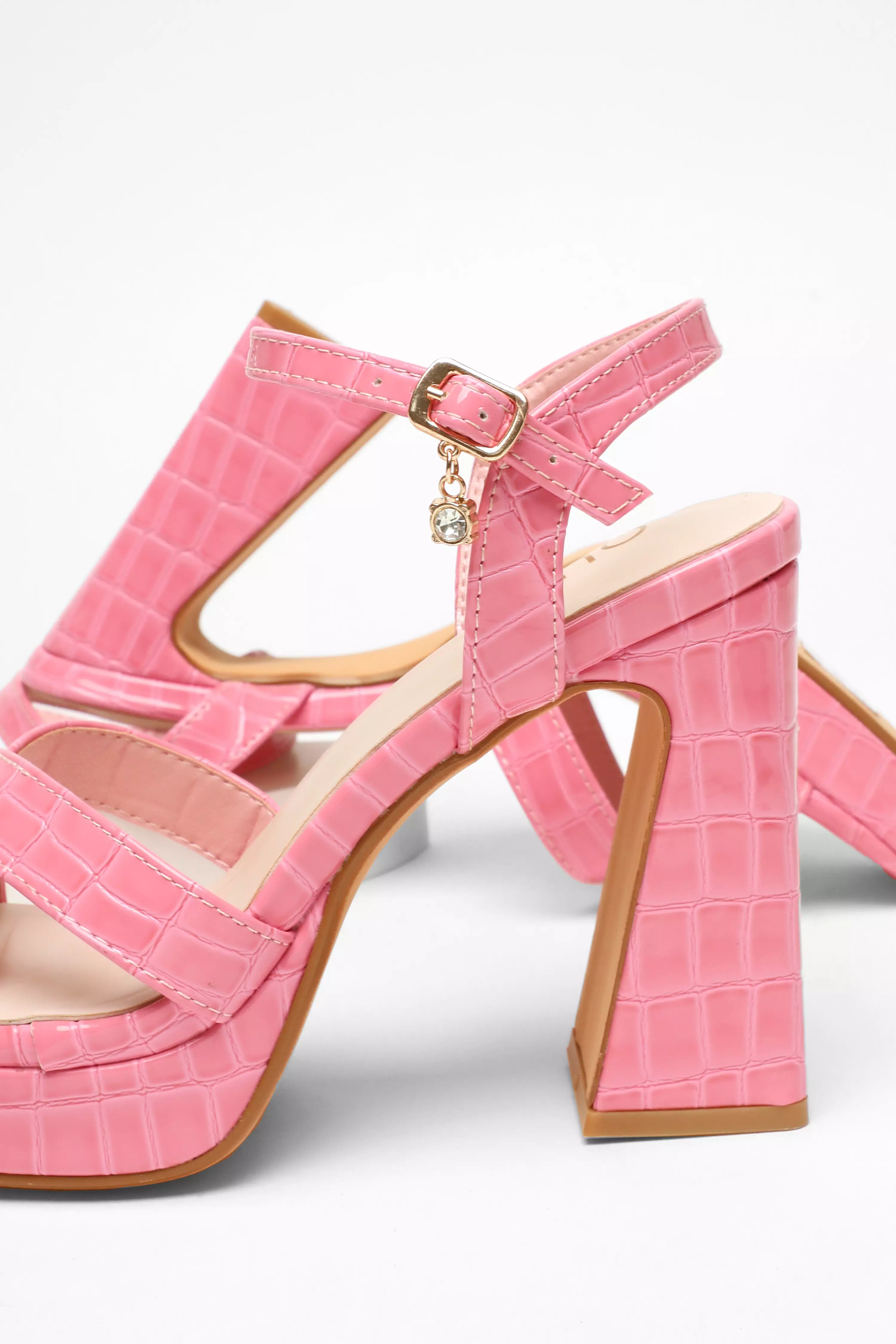 Pink Crocodile Cross Strap Platform Heeled Sandal