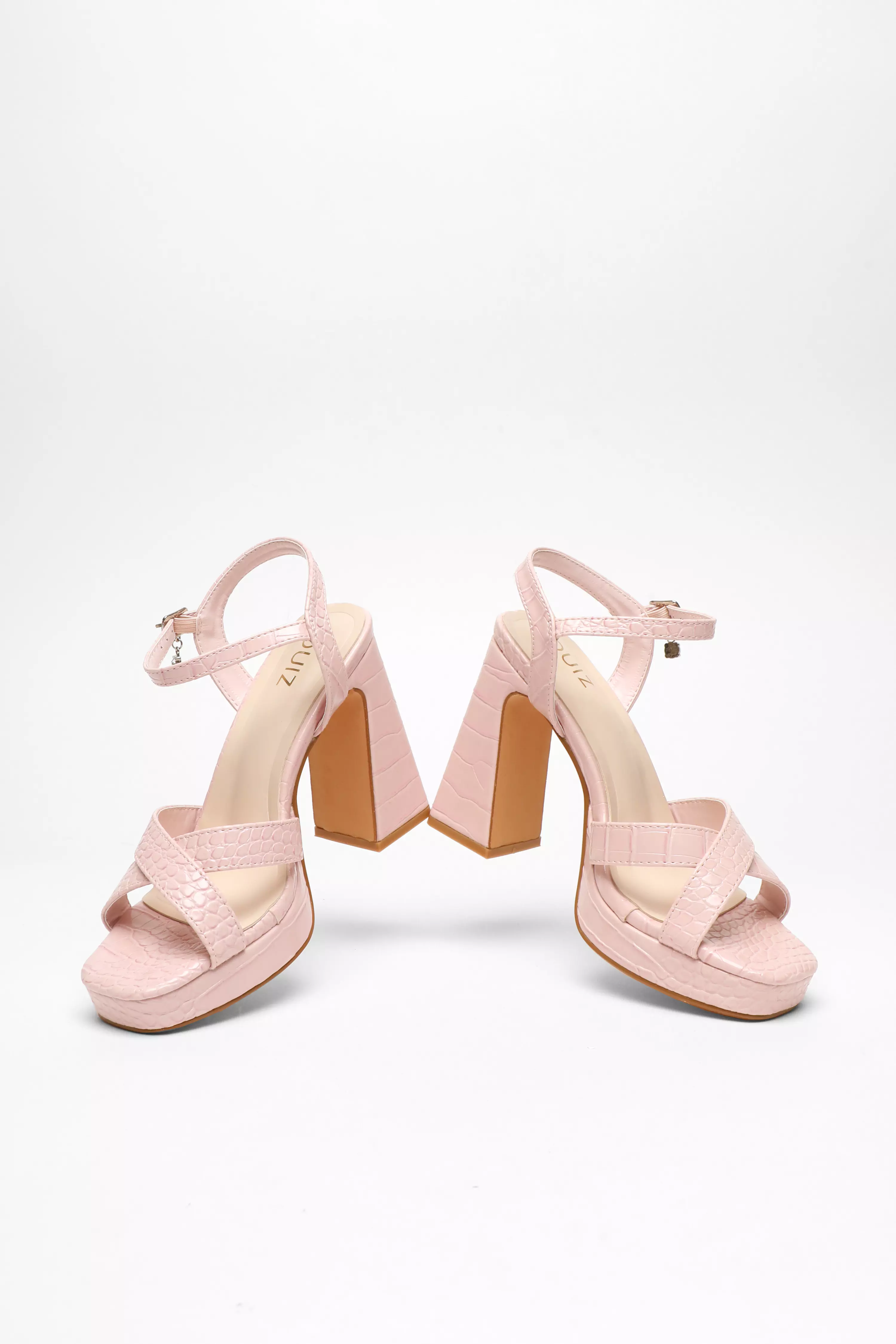 Light Pink Crocodile Cross Strap Platform Heeled Sandals