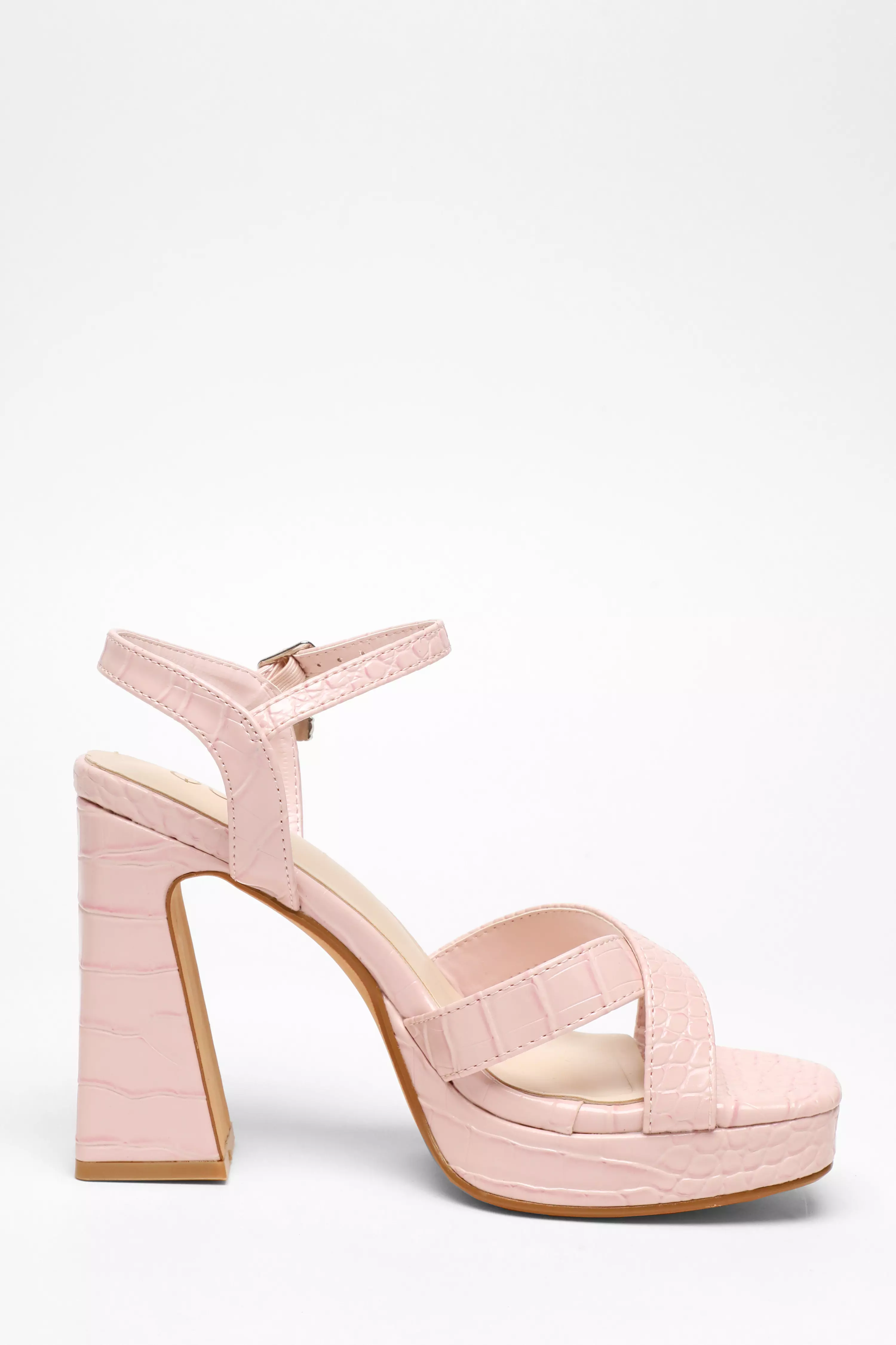 Light Pink Crocodile Cross Strap Platform Heeled Sandals