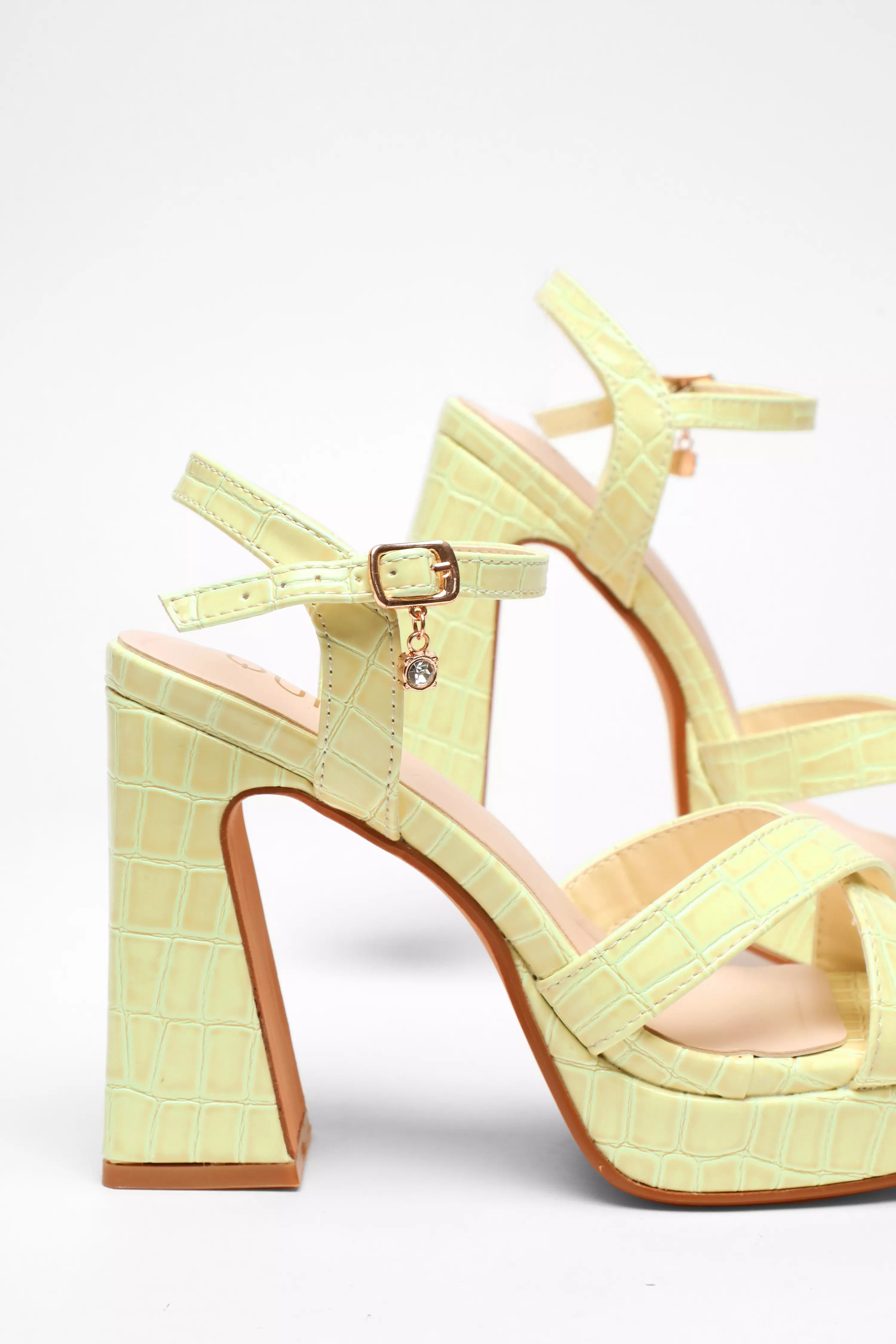 Lime Crocodile Cross Strap Platform Heeled Sandal