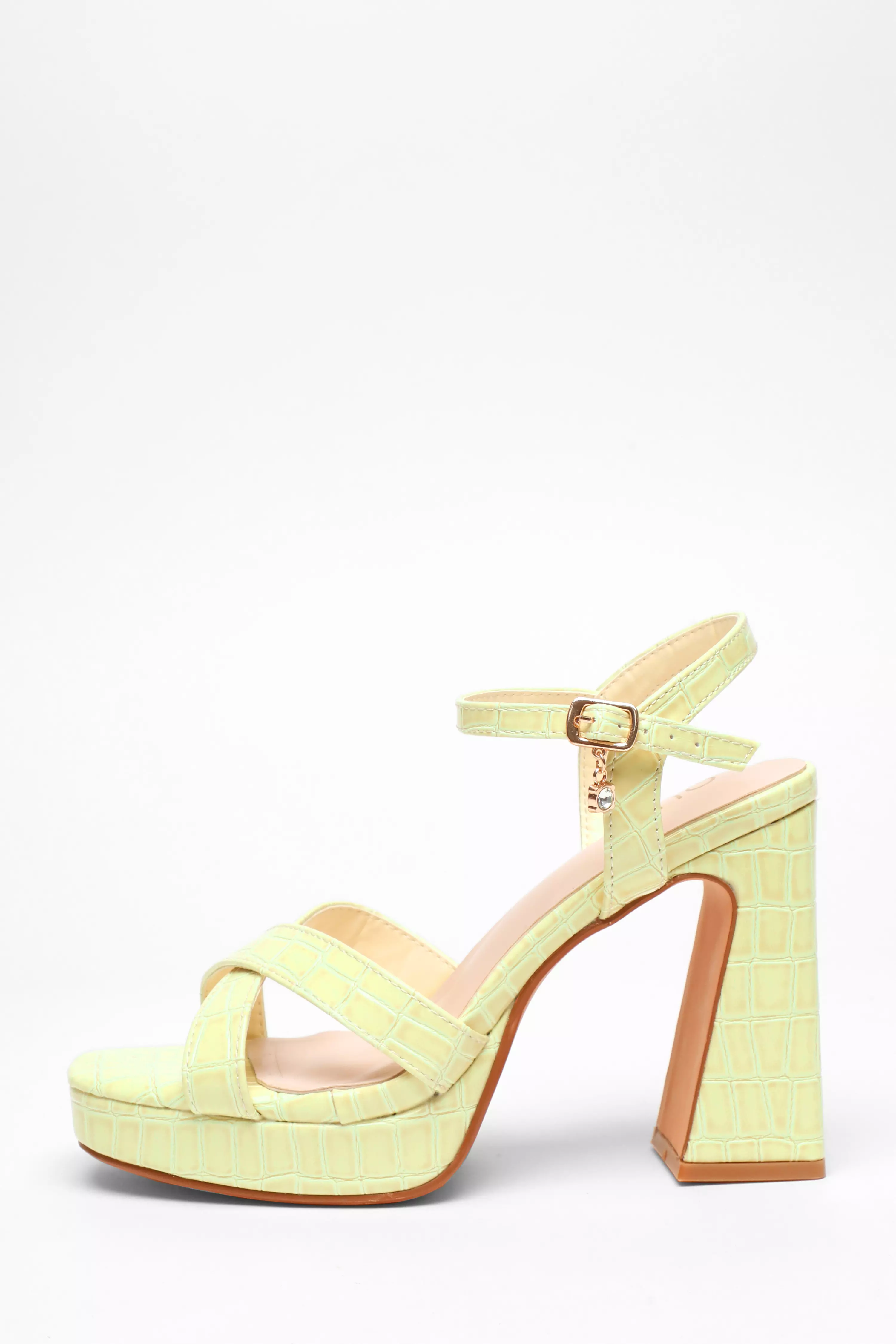 Lime Crocodile Cross Strap Platform Heeled Sandal