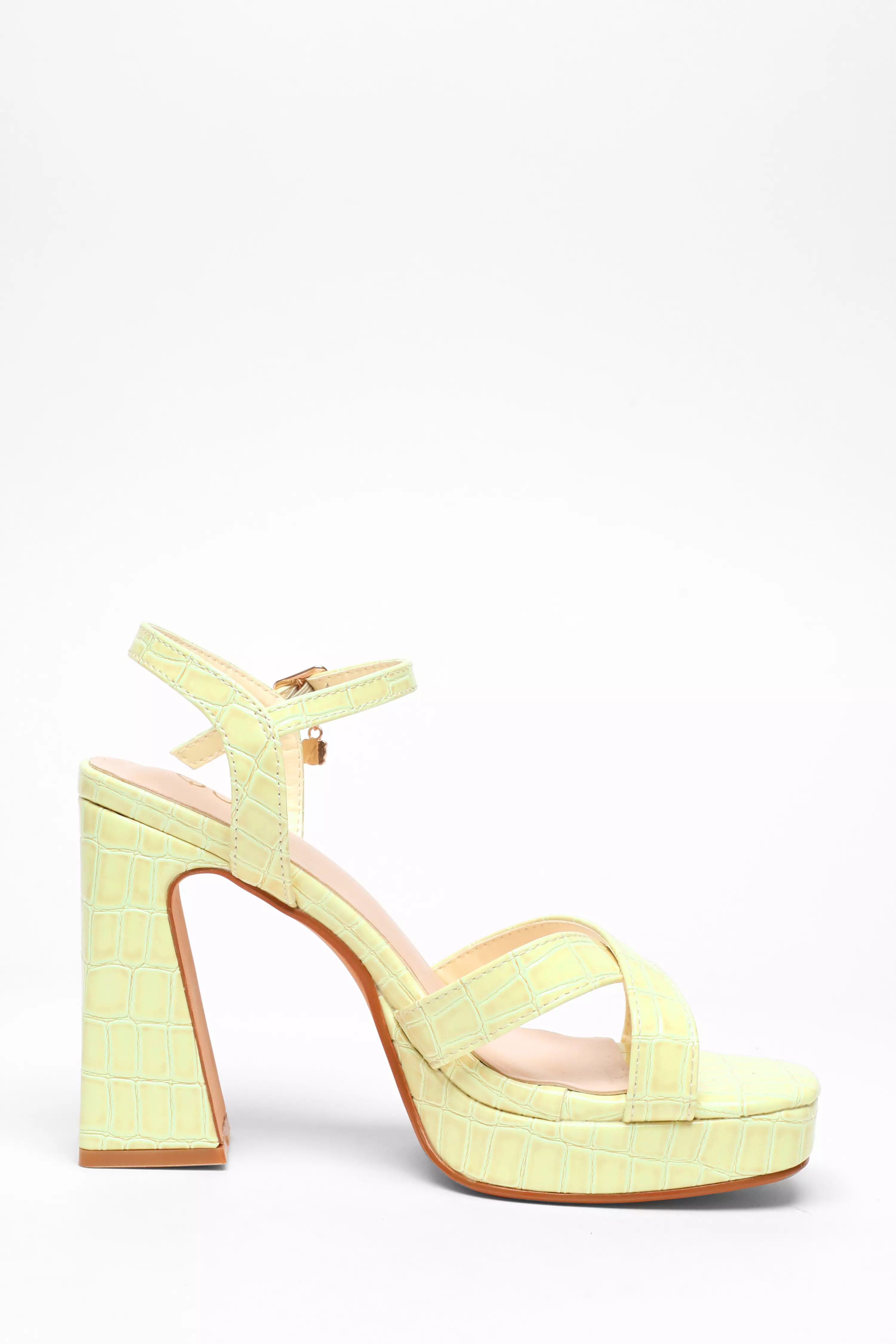 Lime Crocodile Cross Strap Platform Heeled Sandal