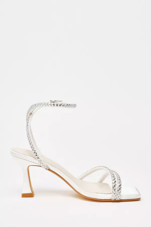 Bridal White Diamante Asymmetric Heeled Sandals
