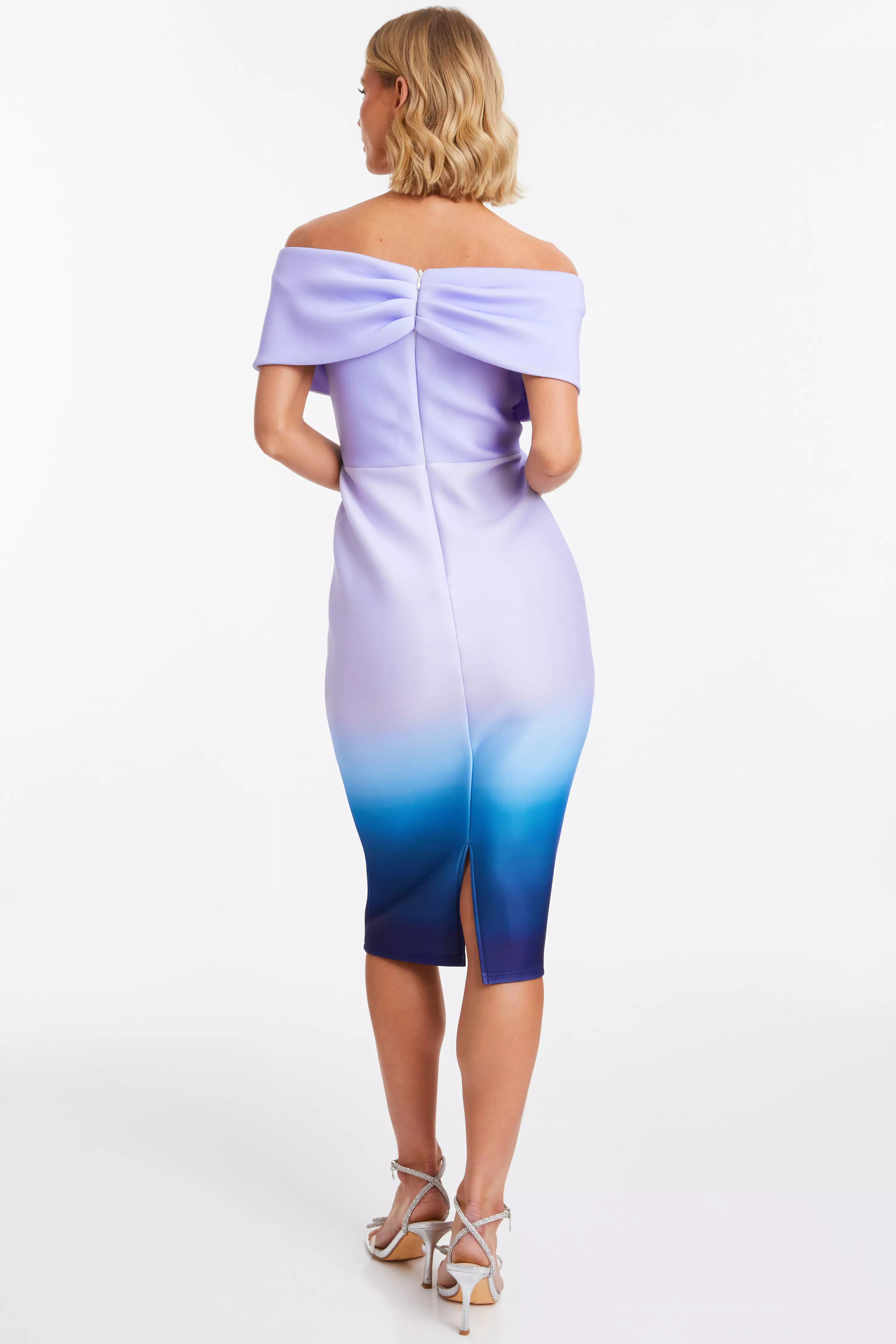 Blue Ombre Bardot Ruched Midi Dress