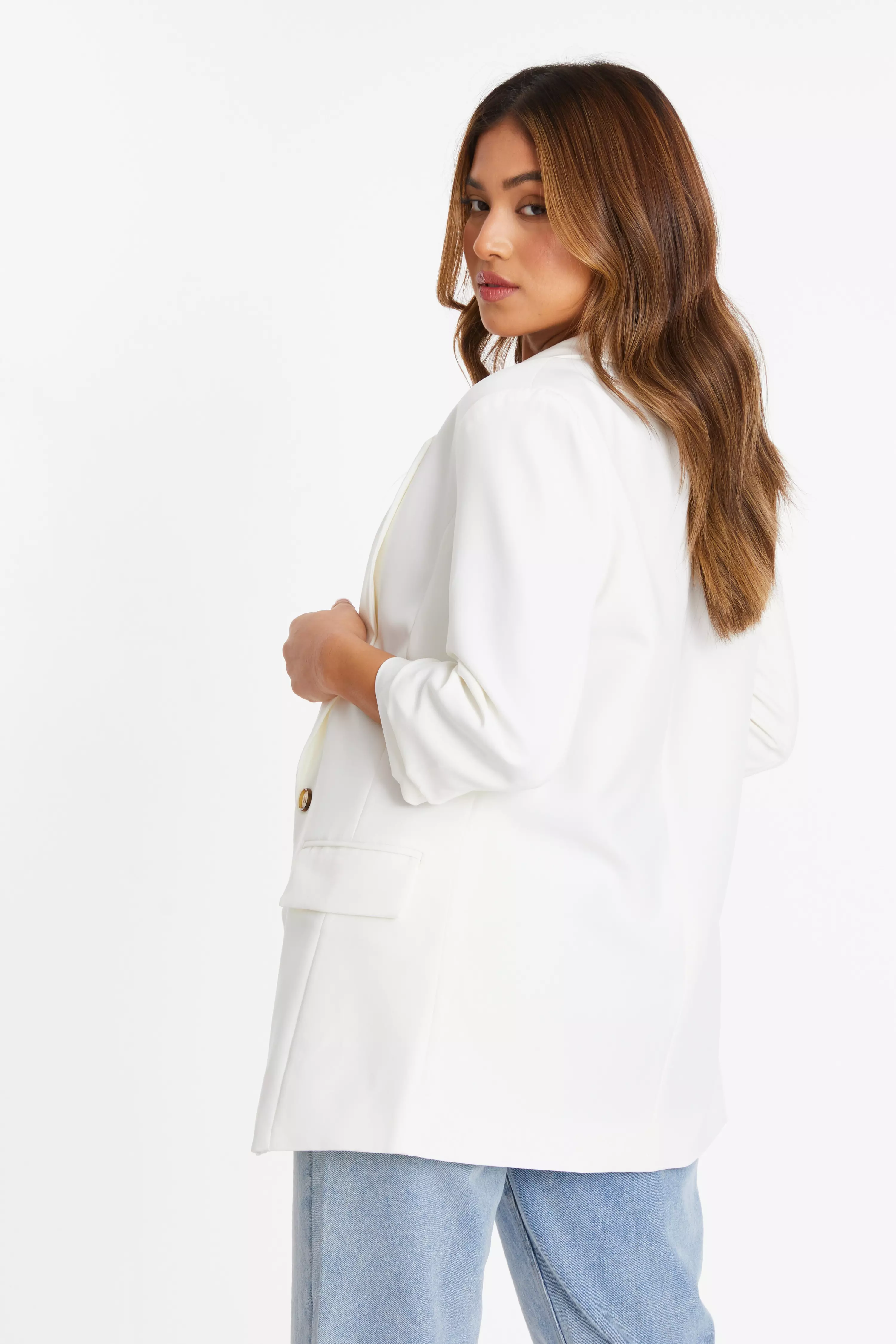 Petite Cream Ruched Sleeve Blazer