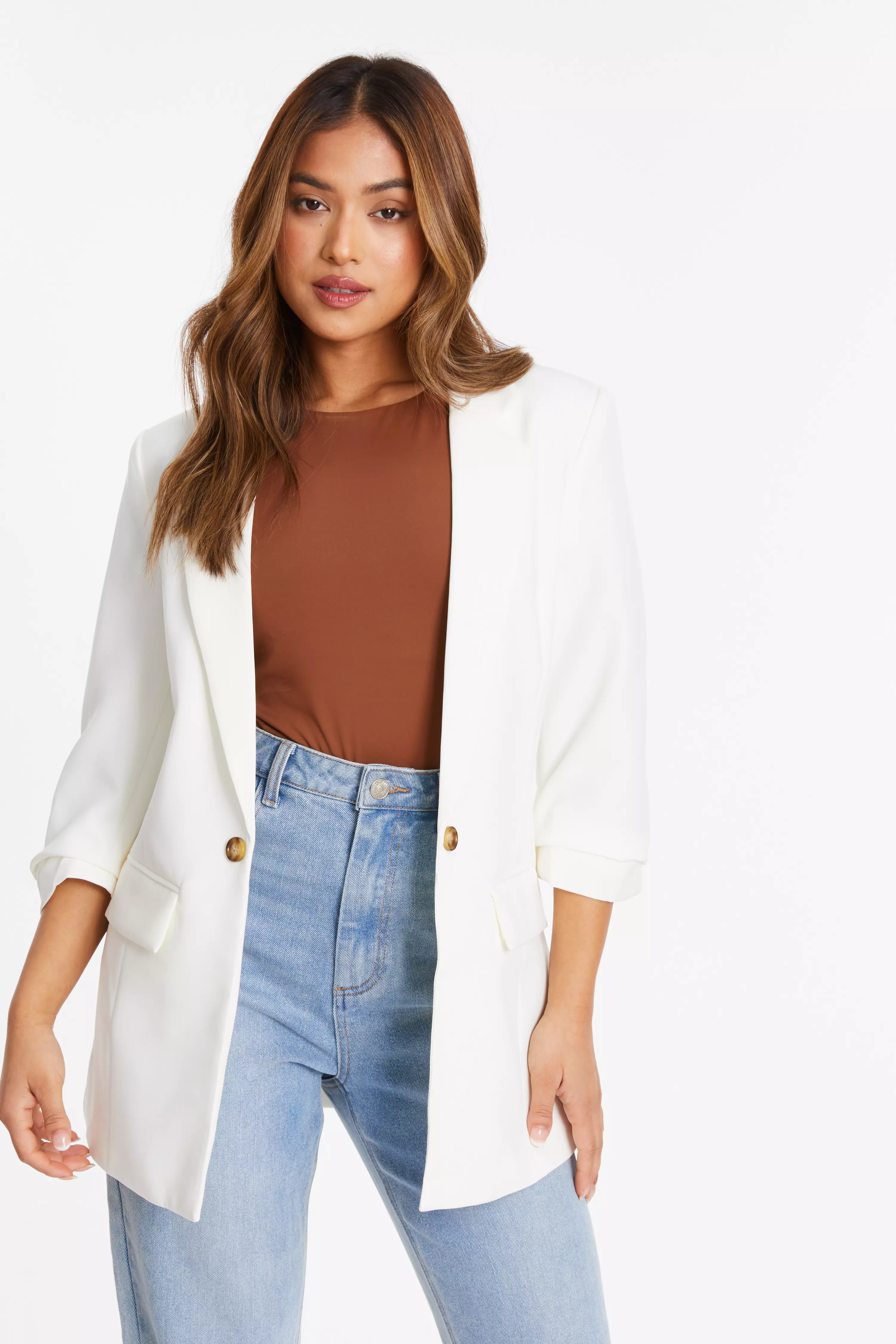 Petite Cream Ruched Sleeve Blazer