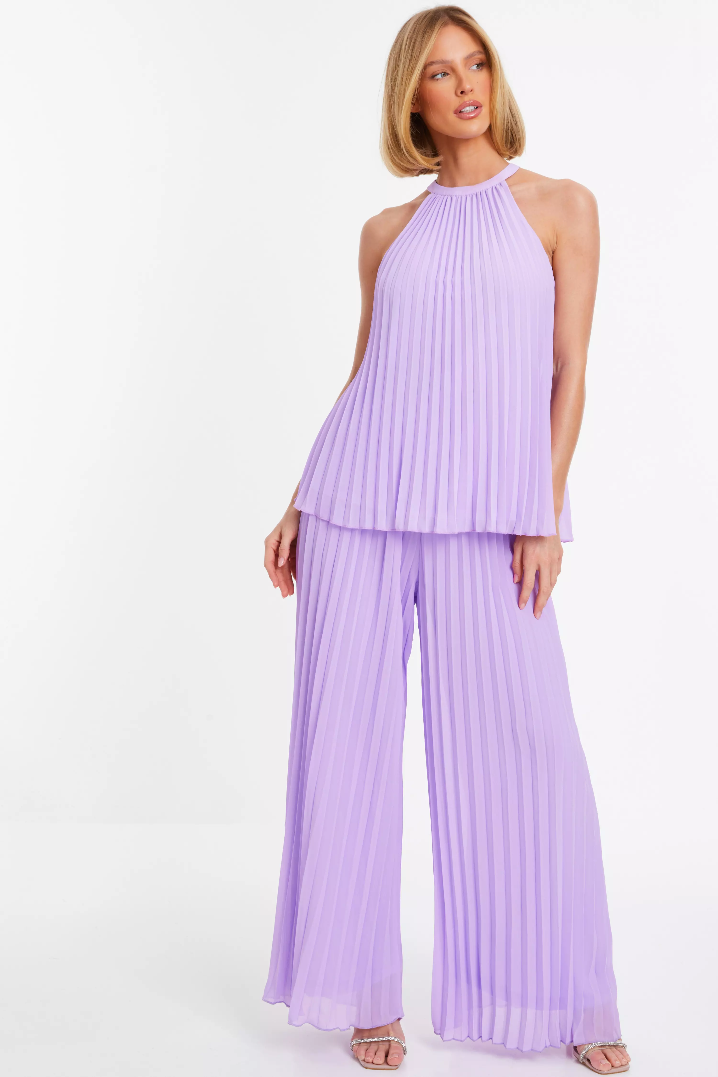 Lilac Chiffon Pleated High Neck Top