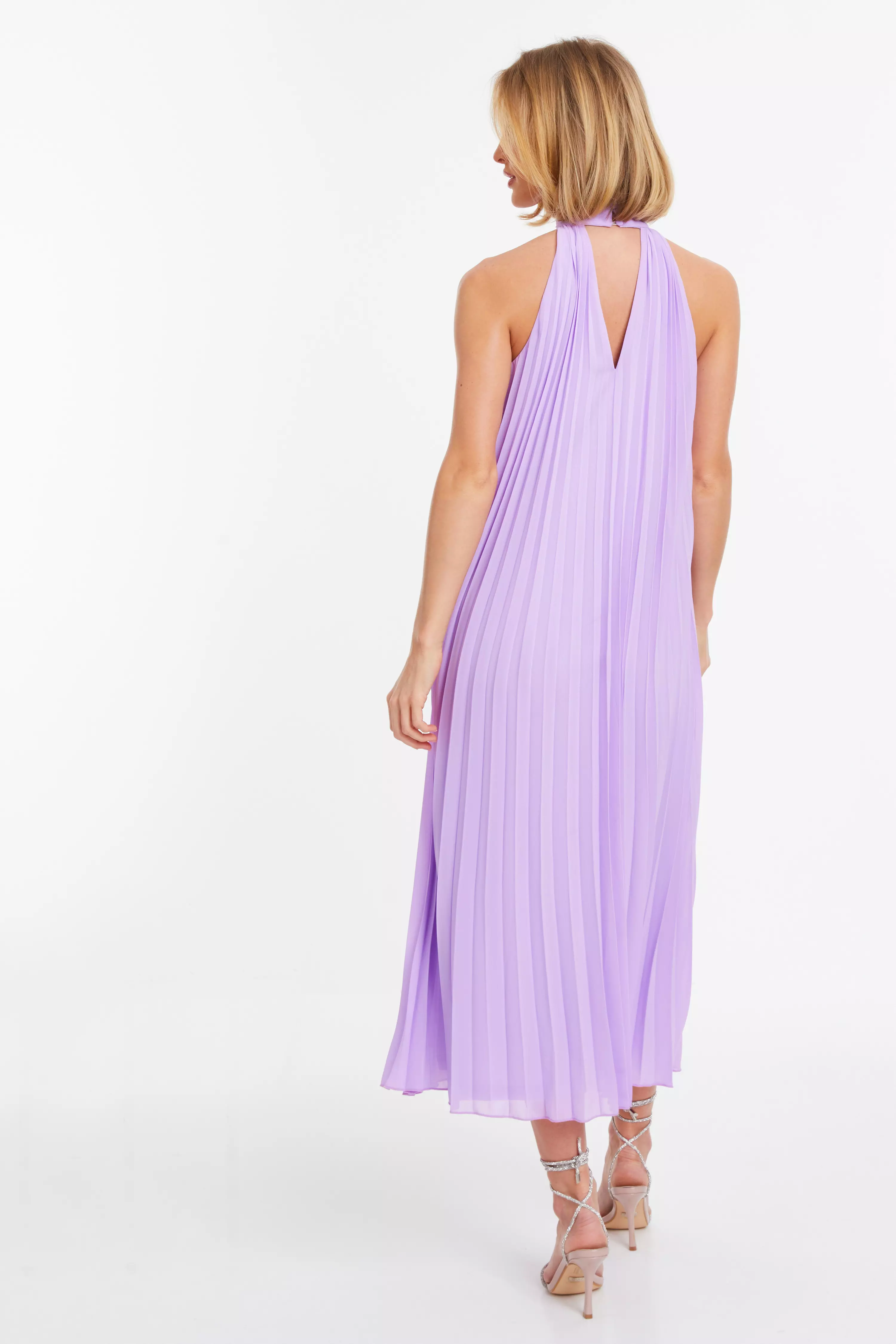 Lilac Chiffon Pleated High Neck Midi Dress