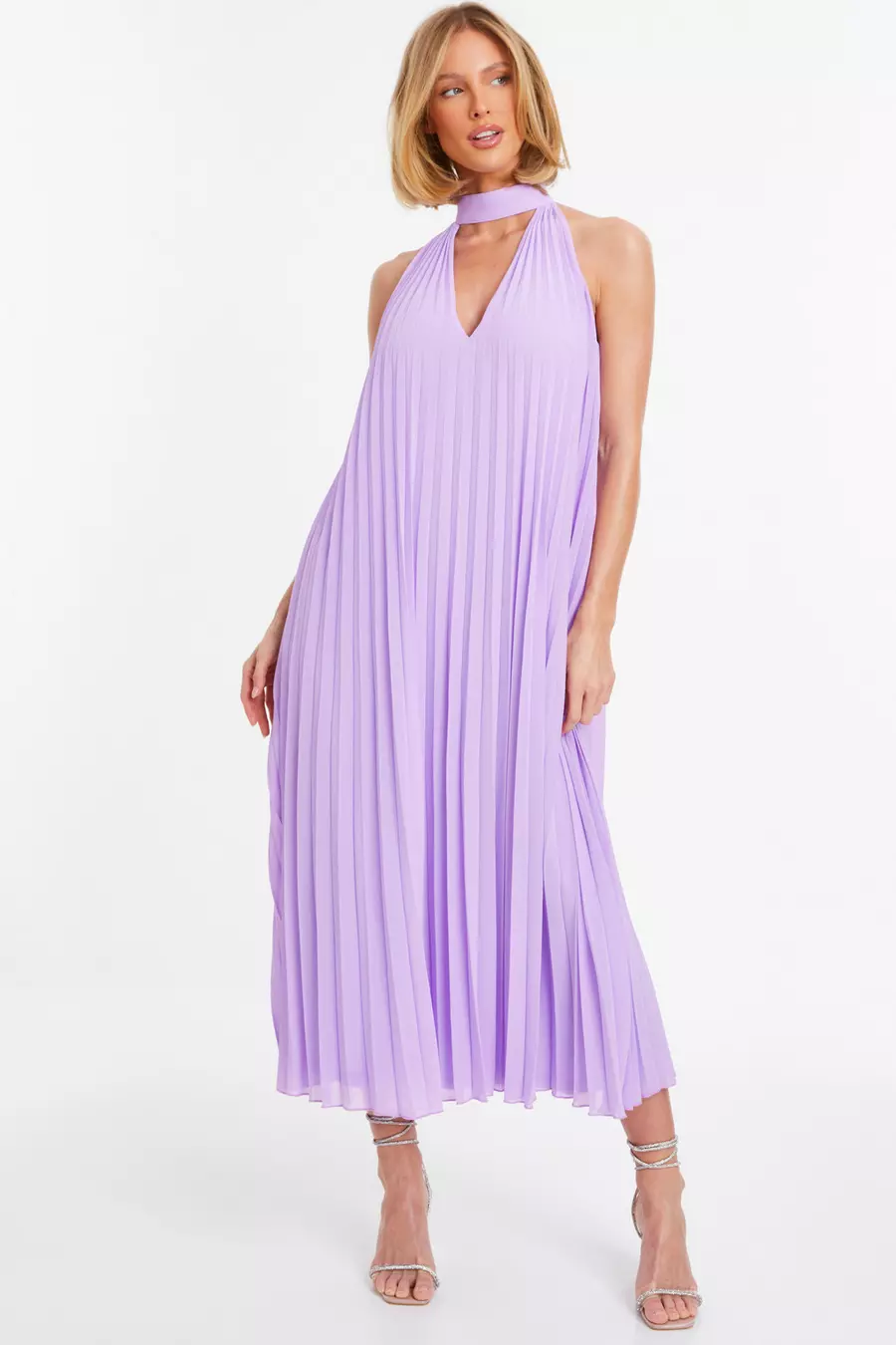 Lilac Chiffon Pleated High Neck Midi Dress QUIZ Clothing