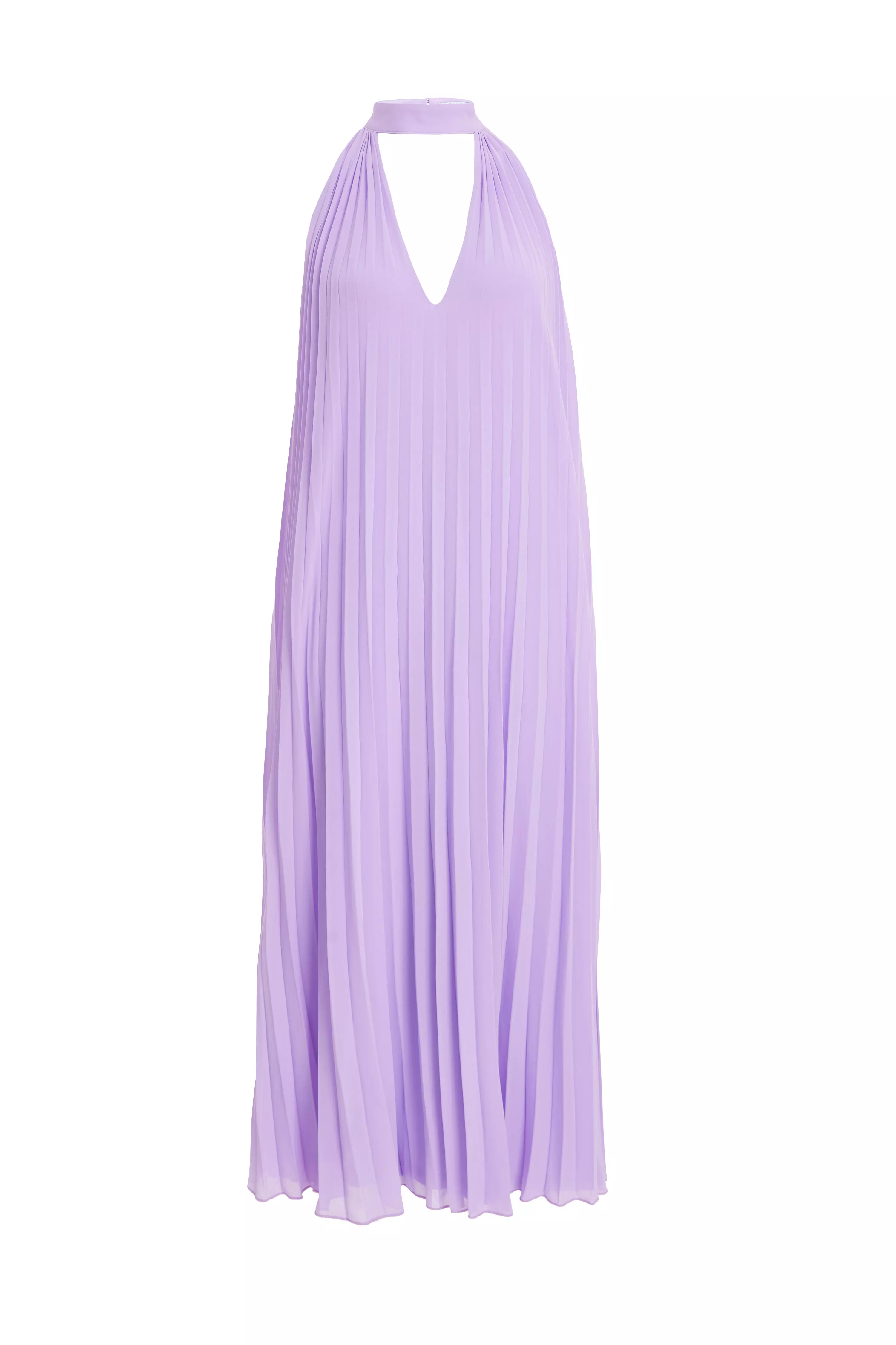 Lilac Chiffon Pleated High Neck Midi Dress