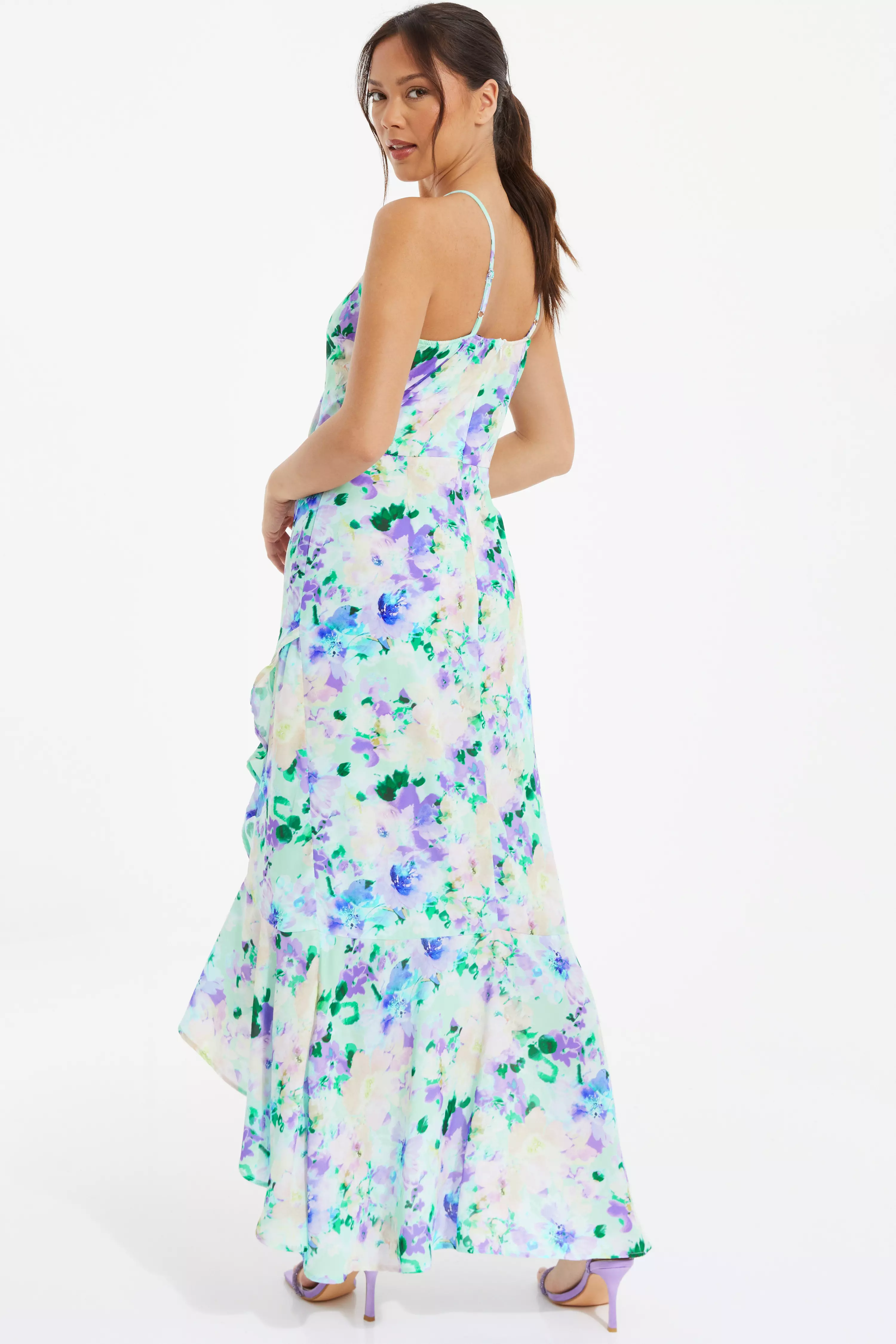 Multicoloured Floral Wrap Dip Hem Maxi Dress